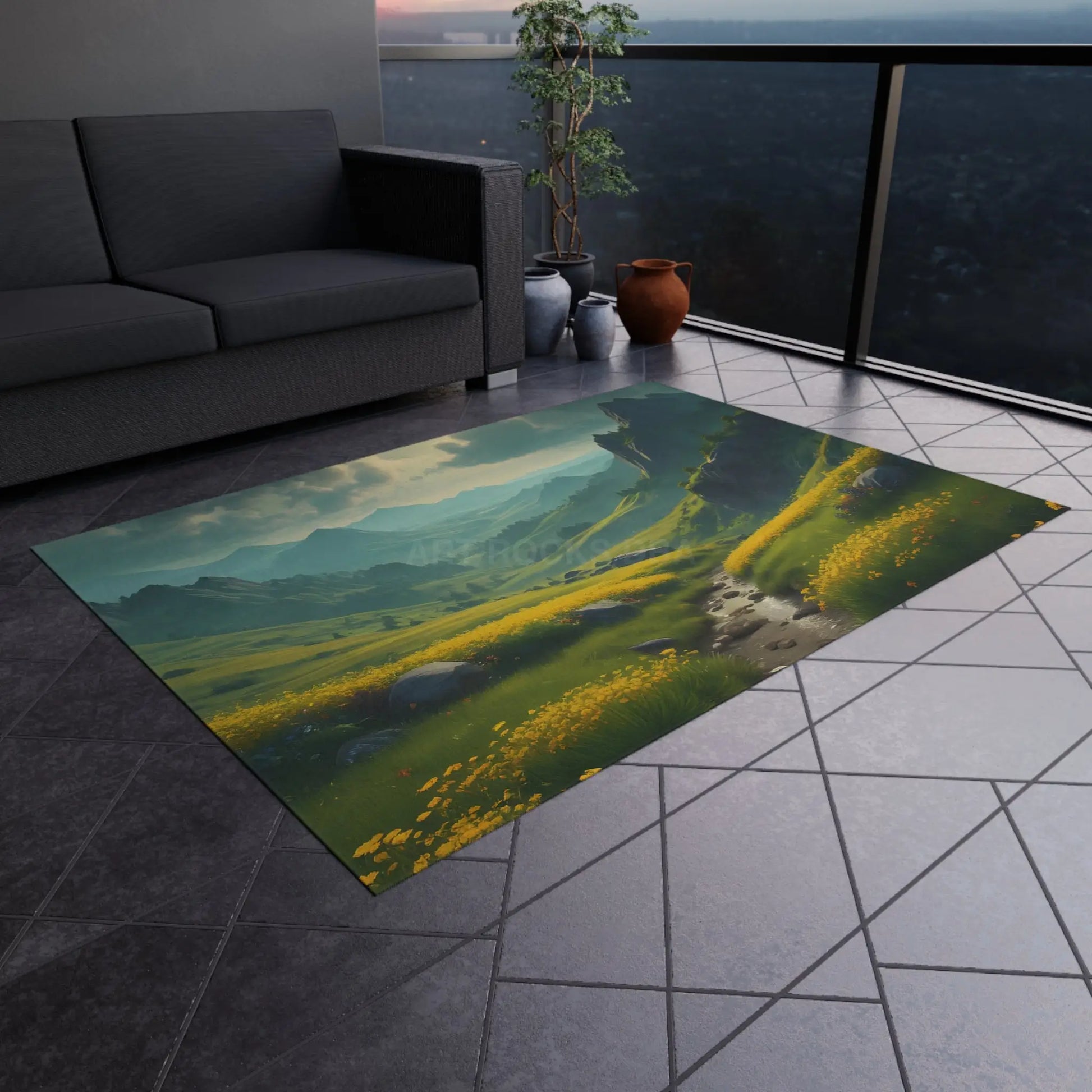 Green Rolling Hills With Yellow Spring Flowers Outdoor Rug Nature-Themed Area Rug Patio Decor Garden Rug Summer Vibes