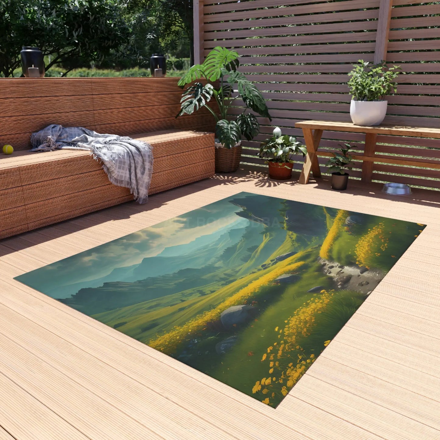 Green Rolling Hills With Yellow Spring Flowers Outdoor Rug Nature-Themed Area Rug Patio Decor Garden Rug Summer Vibes