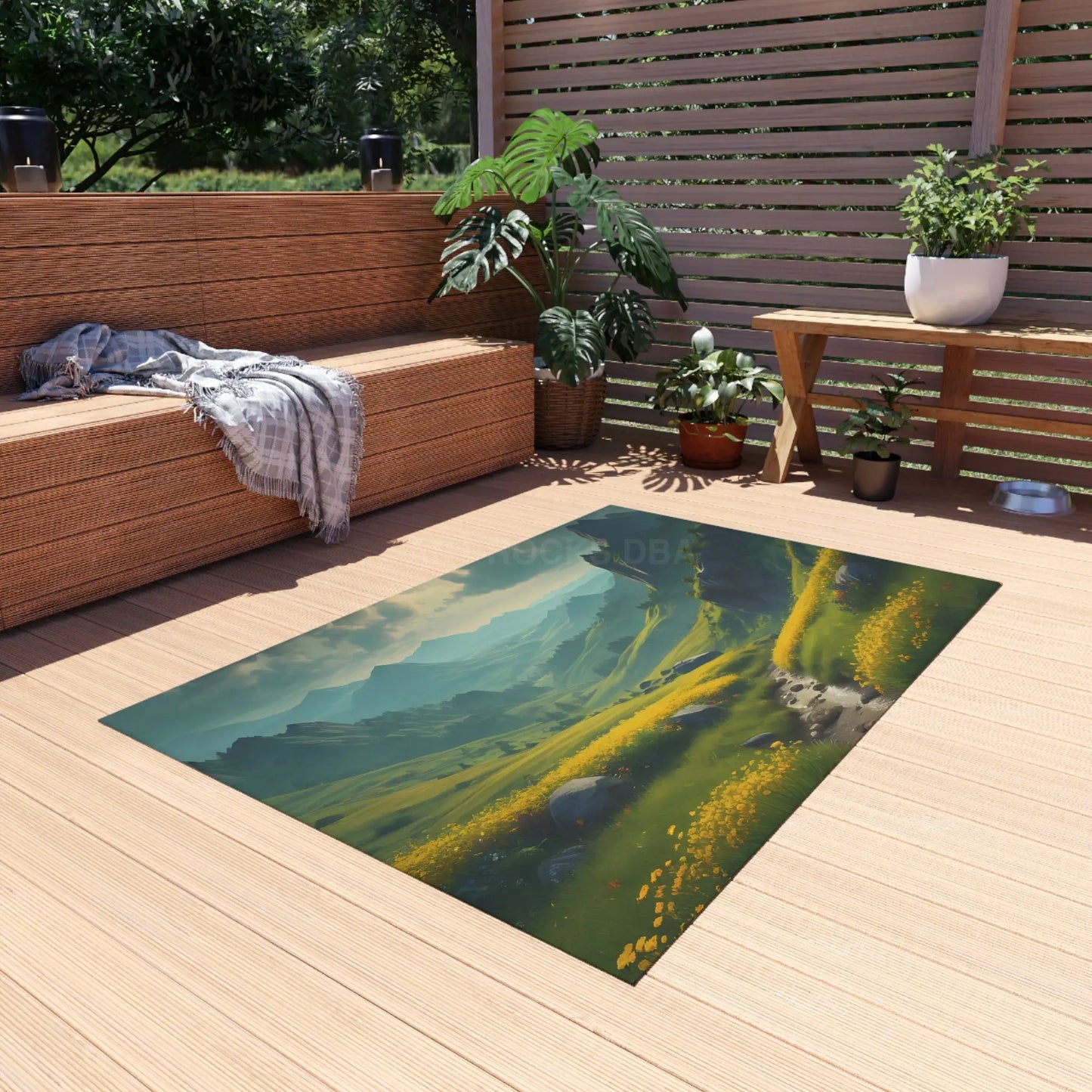 Green Rolling Hills With Yellow Spring Flowers Outdoor Rug Nature-Themed Area Rug Patio Decor Garden Rug Summer Vibes