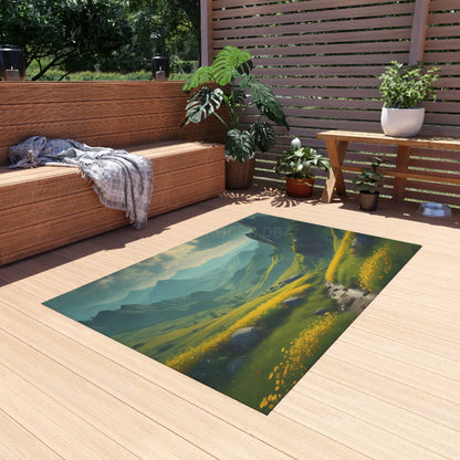 Green Rolling Hills With Yellow Spring Flowers Outdoor Rug Nature-Themed Area Rug Patio Decor Garden Rug Summer Vibes