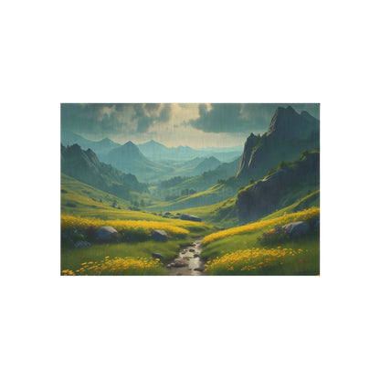 Green Rolling Hills With Yellow Spring Flowers Outdoor Rug Nature-Themed Area Rug Patio Decor Garden Rug Summer Vibes