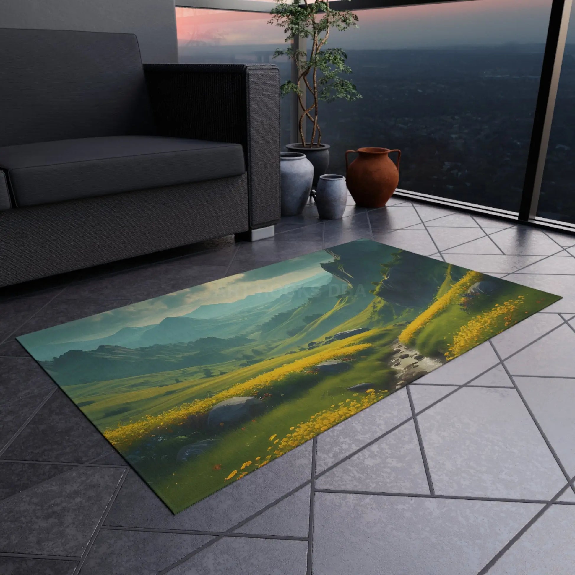 Green Rolling Hills With Yellow Spring Flowers Outdoor Rug Nature-Themed Area Rug Patio Decor Garden Rug Summer Vibes