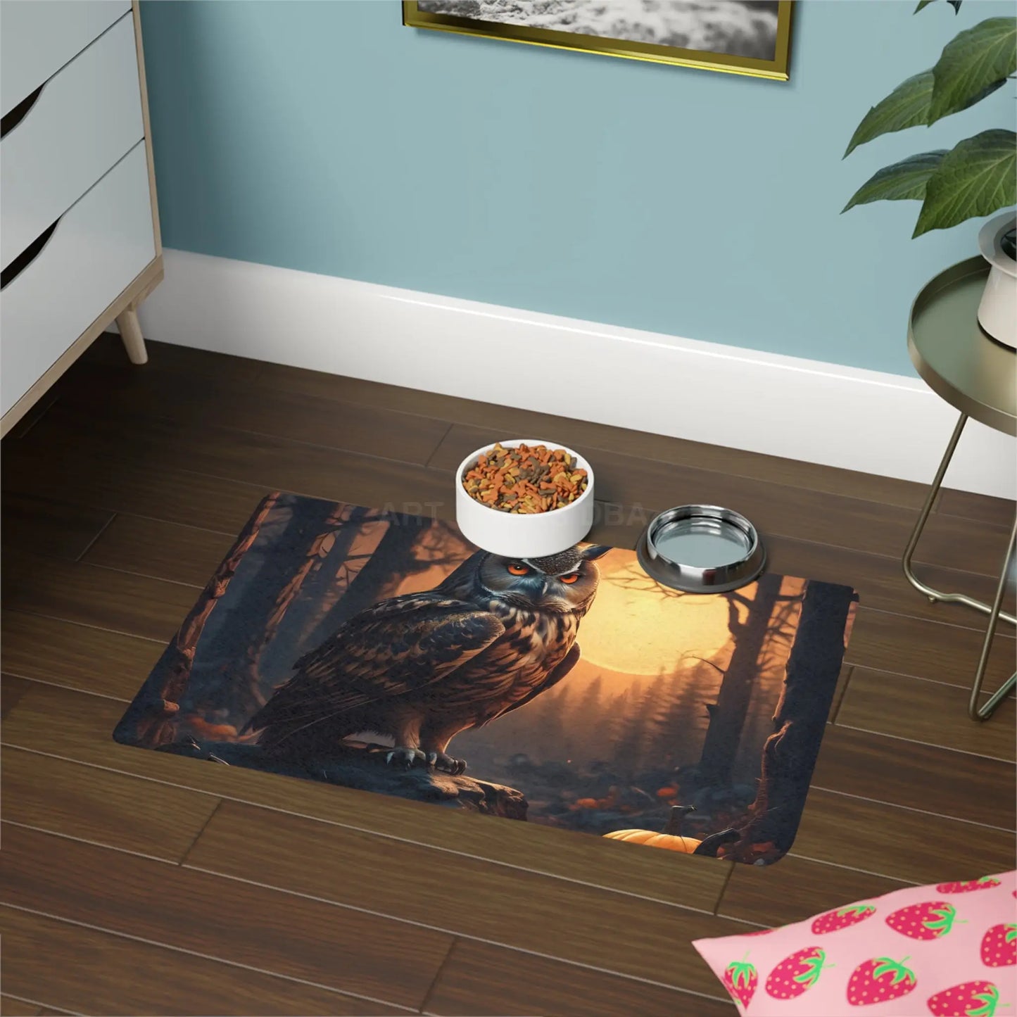 Halloween Owl Pet Food Mat (12x18) - Spooky Fall Feeding Placemat - 12’’ × 18’’ / Rectangle - Pets