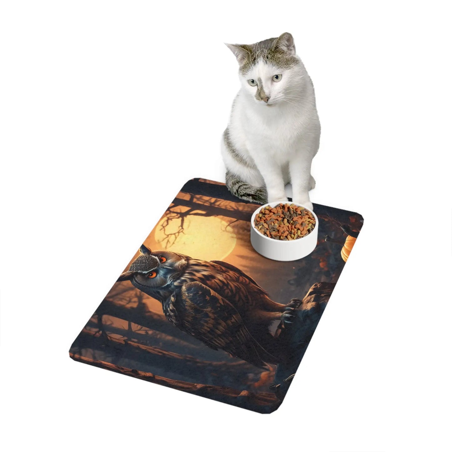 Halloween Owl Pet Food Mat (12x18) - Spooky Fall Feeding Placemat - 12’’ × 18’’ / Rectangle - Pets