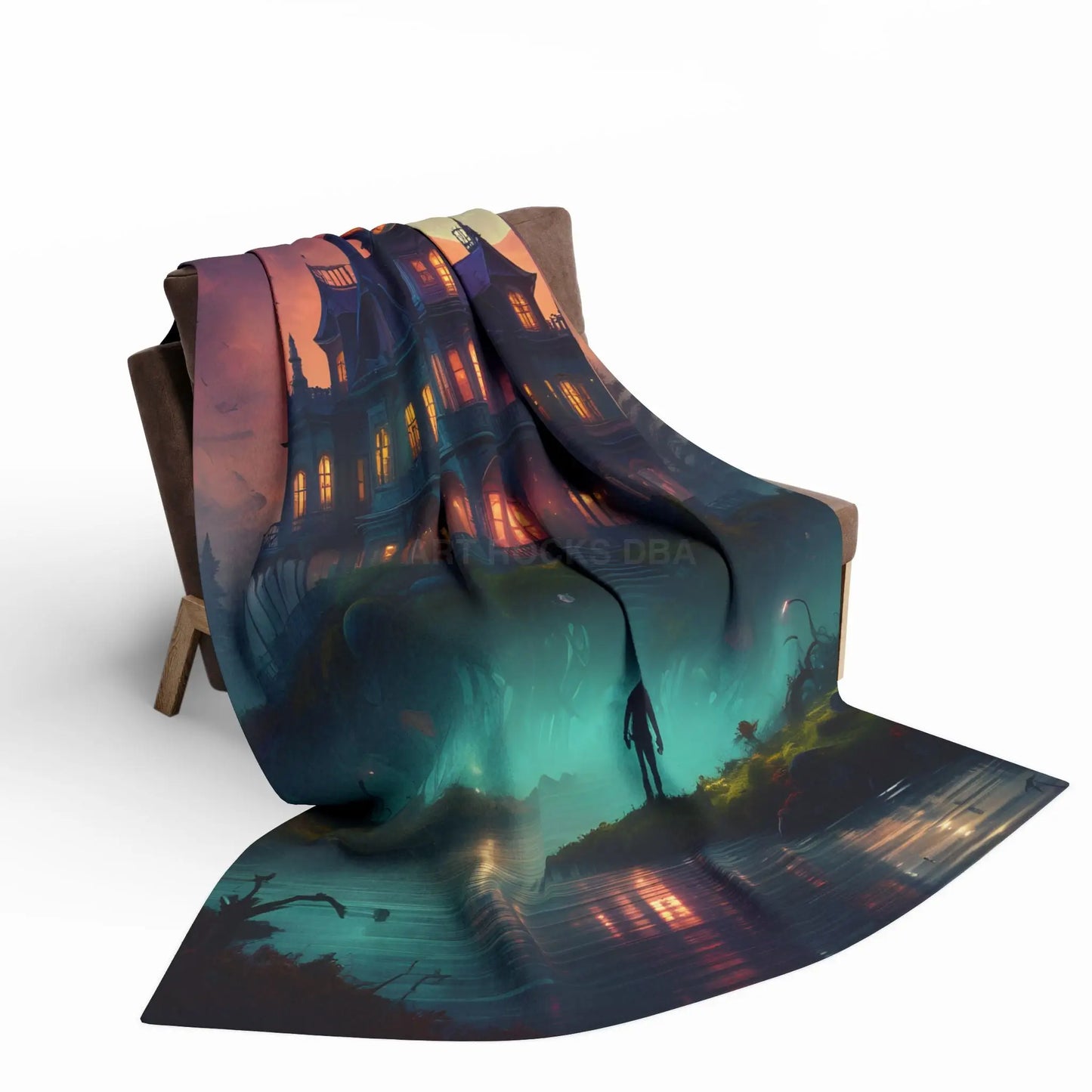 Haunted Mansion in Lagoon Arctic Fleece Blanket Cozy Throw for Halloween Home Decor Gift for Cold Nights Ghostly Vibes