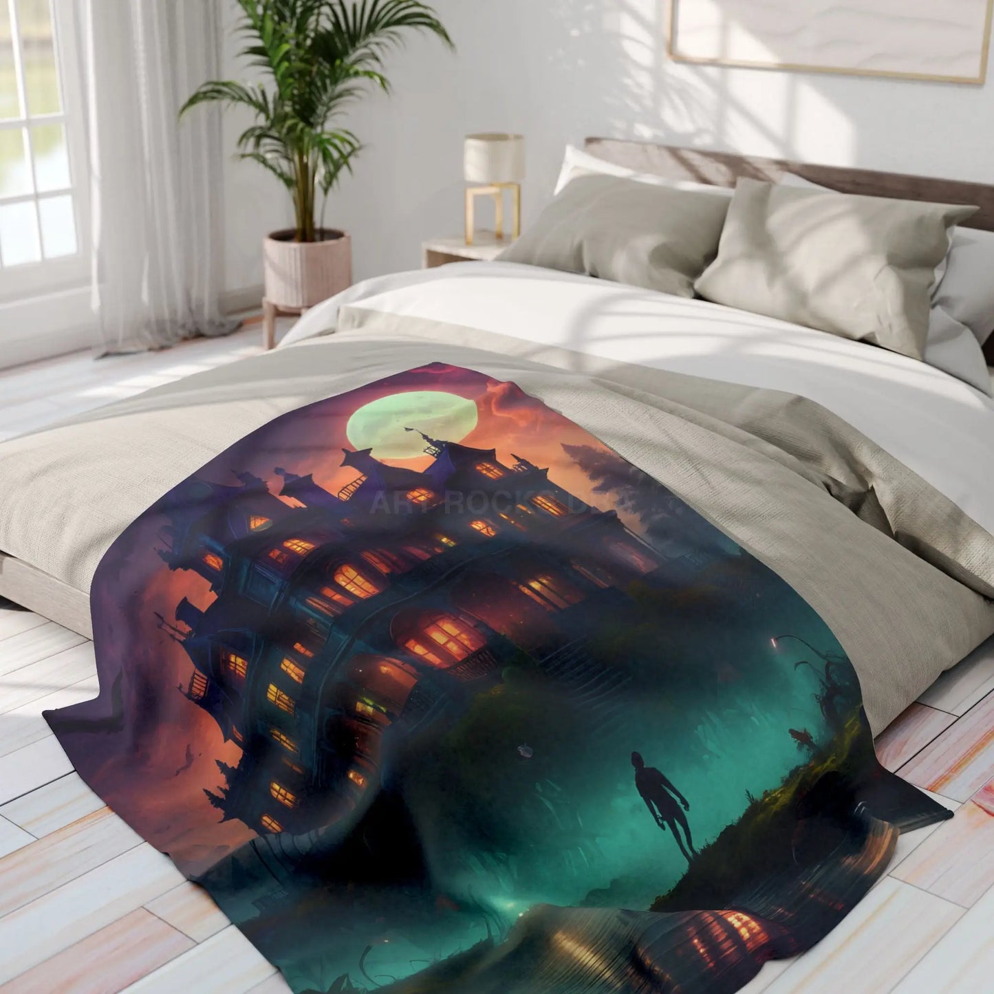 Haunted Mansion in Lagoon Arctic Fleece Blanket Cozy Throw for Halloween Home Decor Gift for Cold Nights Ghostly Vibes