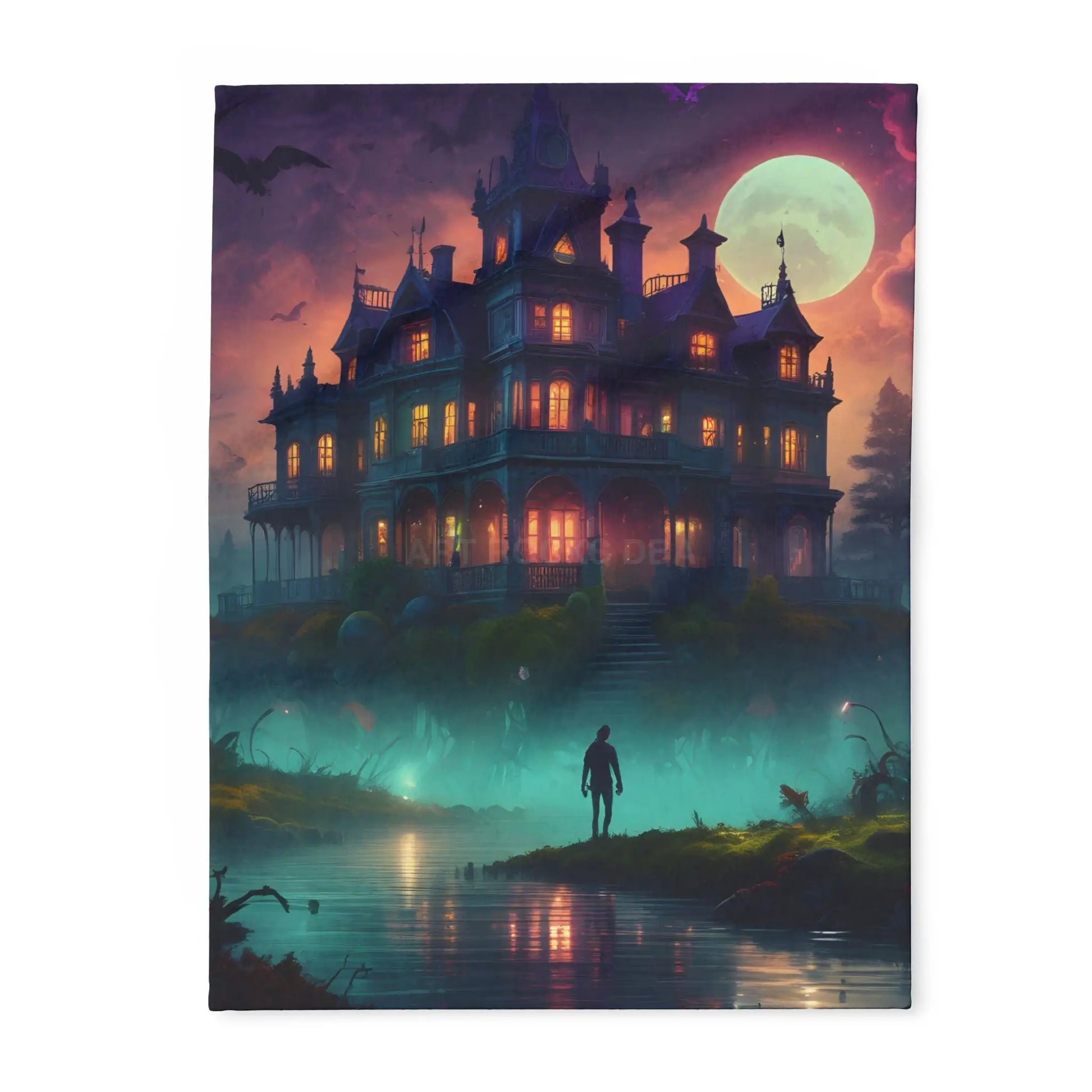 Haunted Mansion in Lagoon Arctic Fleece Blanket Cozy Throw for Halloween Home Decor Gift for Cold Nights Ghostly Vibes