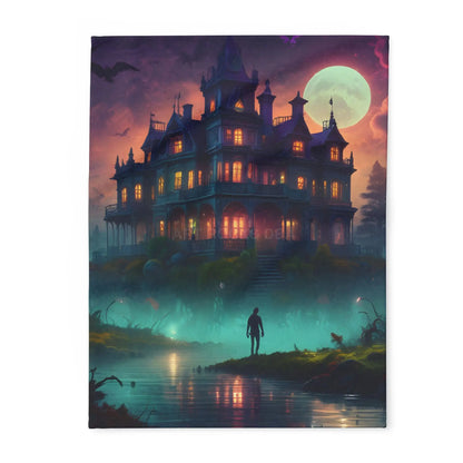 Haunted Mansion in Lagoon Arctic Fleece Blanket Cozy Throw for Halloween Home Decor Gift for Cold Nights Ghostly Vibes
