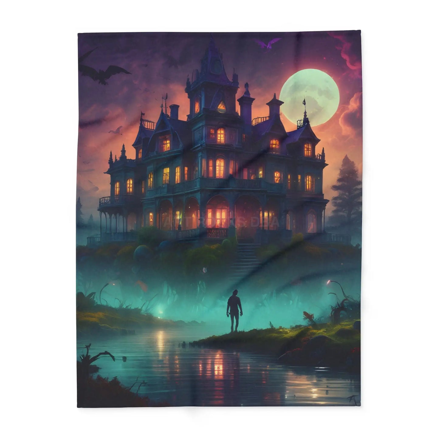 Haunted Mansion in Lagoon Arctic Fleece Blanket Cozy Throw for Halloween Home Decor Gift for Cold Nights Ghostly Vibes