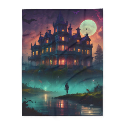Haunted Mansion in Lagoon Arctic Fleece Blanket Cozy Throw for Halloween Home Decor Gift for Cold Nights Ghostly Vibes