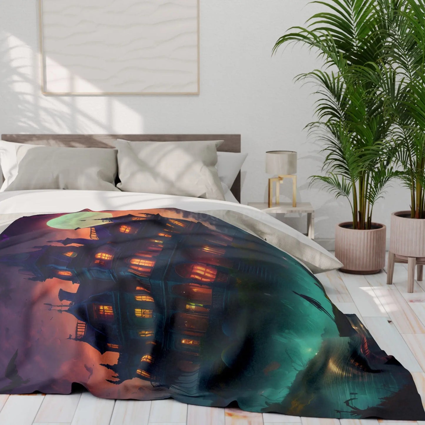 Haunted Mansion in Lagoon Arctic Fleece Blanket Cozy Throw for Halloween Home Decor Gift for Cold Nights Ghostly Vibes