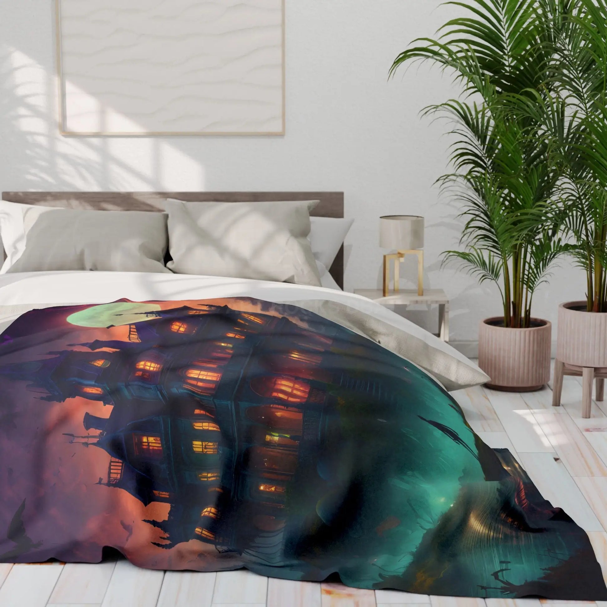 Haunted Mansion in Lagoon Arctic Fleece Blanket Cozy Throw for Halloween Home Decor Gift for Cold Nights Ghostly Vibes