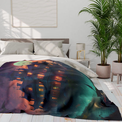 Haunted Mansion in Lagoon Arctic Fleece Blanket Cozy Throw for Halloween Home Decor Gift for Cold Nights Ghostly Vibes