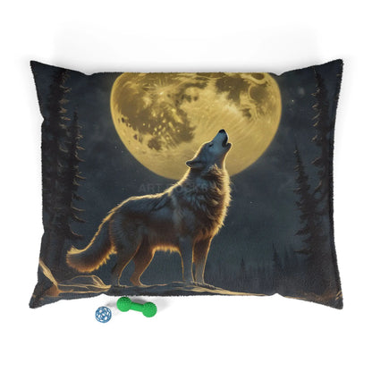 Howling Wolf Moon Pet Bed — Plush Dog & Cat Pillow with Full Moon Forest Design - 50’’ × 40’’ - Pets