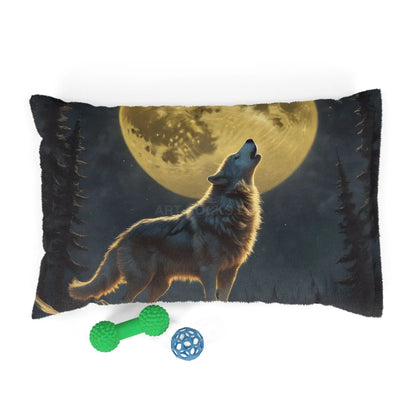 Howling Wolf Moon Pet Bed — Plush Dog & Cat Pillow with Full Moon Forest Design - 28’’ × 18’’ - Pets