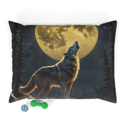 Howling Wolf Moon Pet Bed — Plush Dog & Cat Pillow with Full Moon Forest Design - 40’’ × 30’’ - Pets