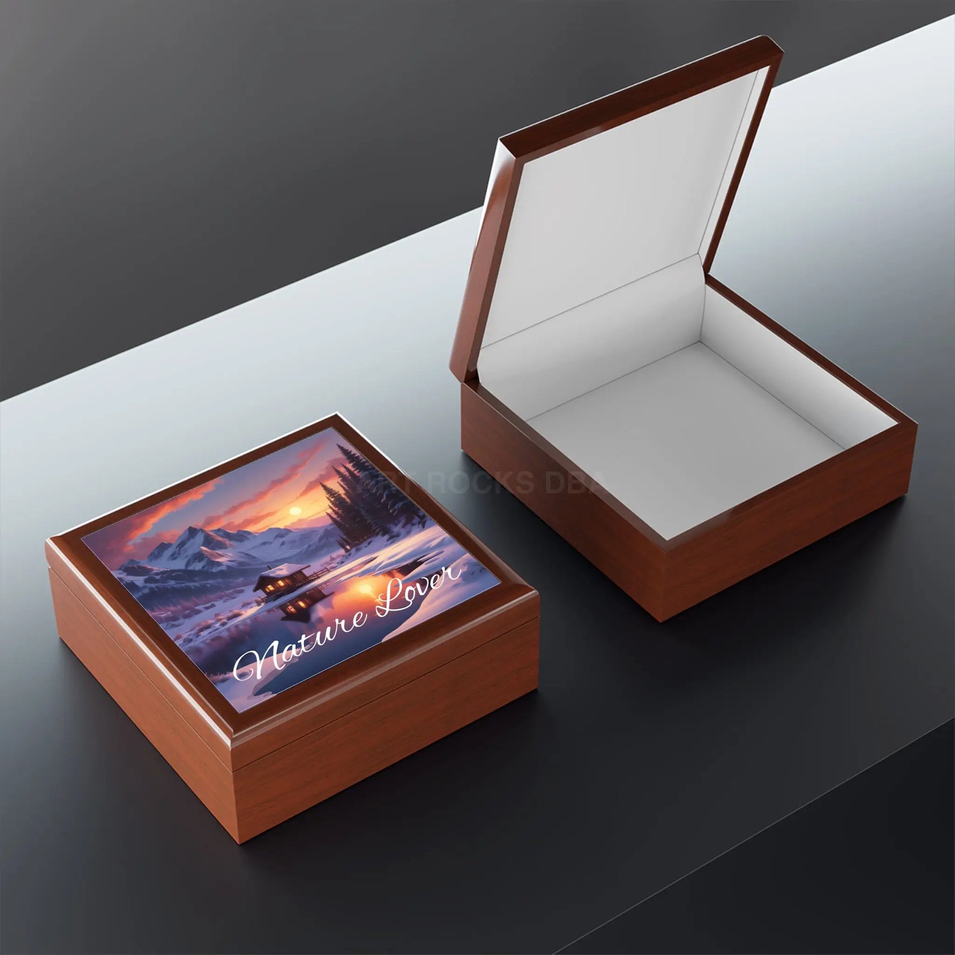 Jewelry Box — ’Nature Lover’ Snowy Mountain Cabin Glass Keepsake Box - Home Decor