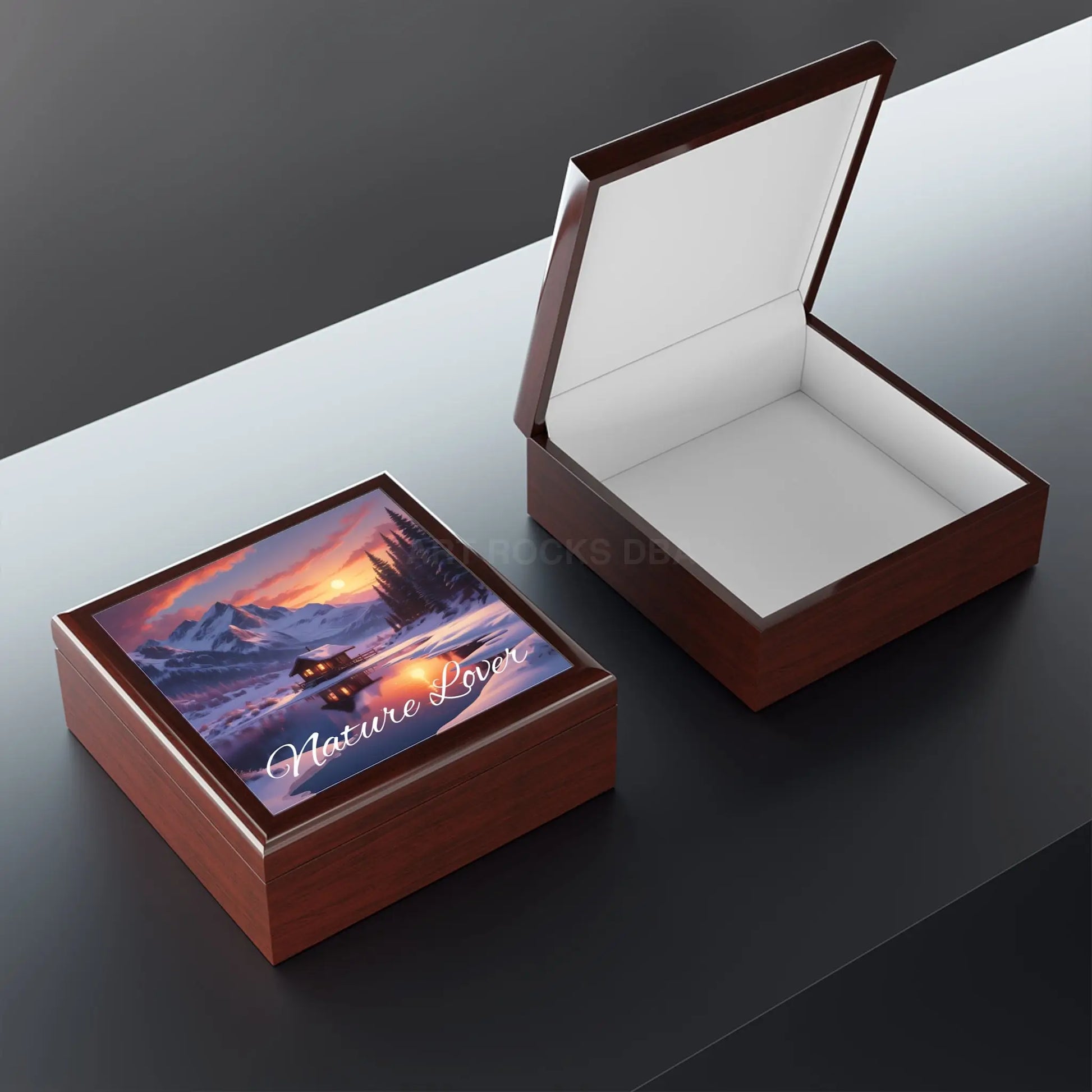 Jewelry Box — ’Nature Lover’ Snowy Mountain Cabin Glass Keepsake Box - Home Decor