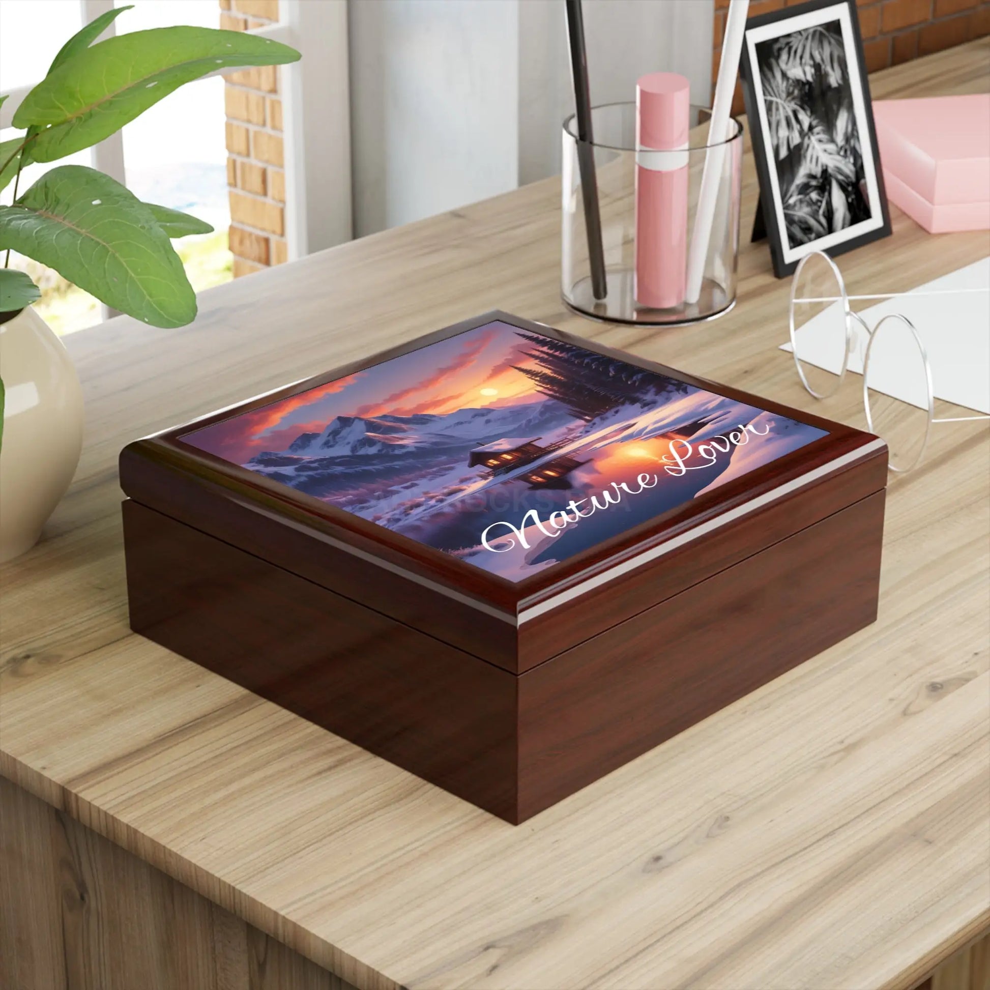 Jewelry Box — ’Nature Lover’ Snowy Mountain Cabin Glass Keepsake Box - Home Decor