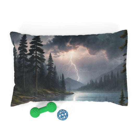Landscape Pet Bed — Stormy Lake Forest Print Dog & Cat Cushion - 28’’ × 18’’ - Pets