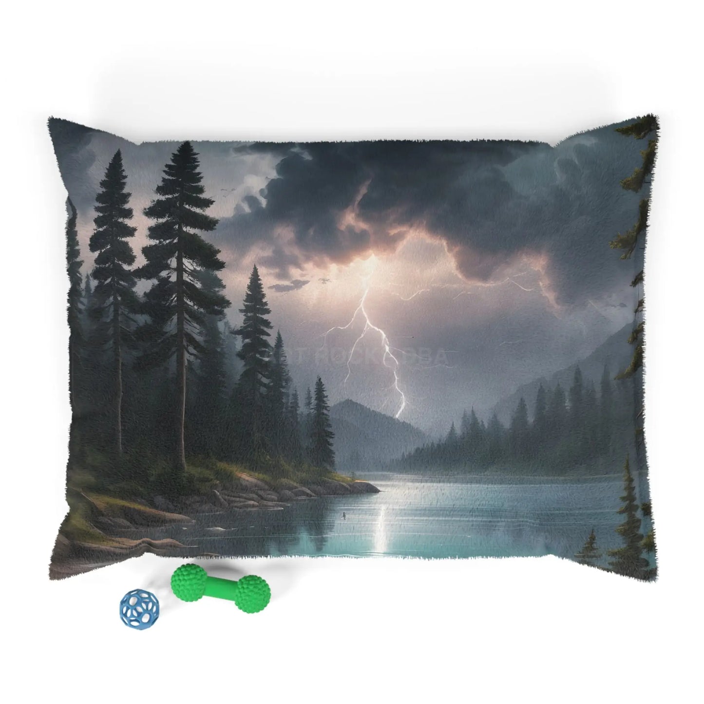 Landscape Pet Bed — Stormy Lake Forest Print Dog & Cat Cushion - 40’’ × 30’’ - Pets