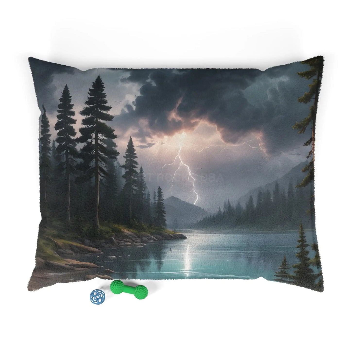 Landscape Pet Bed — Stormy Lake Forest Print Dog & Cat Cushion - 50’’ × 40’’ - Pets