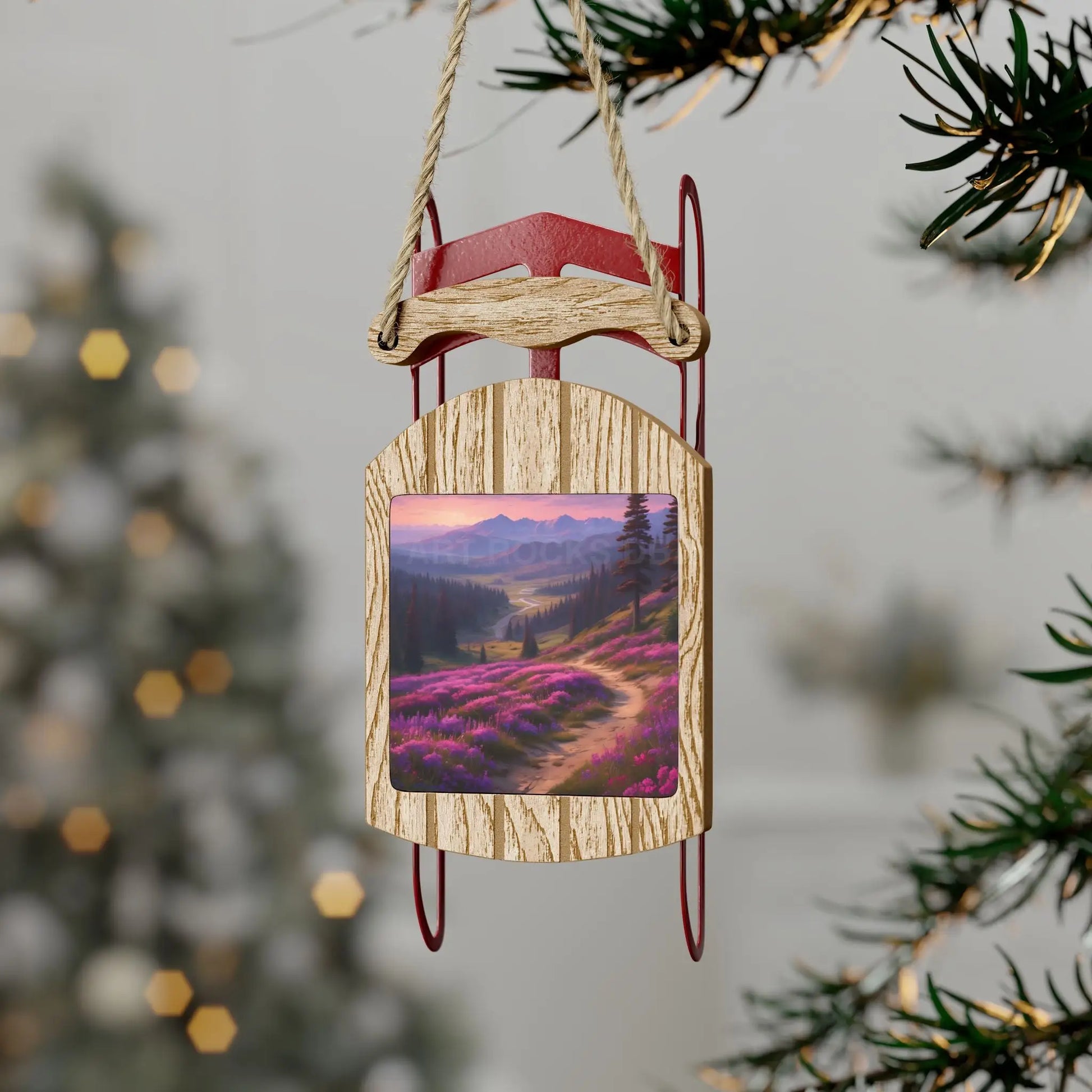 Lavender Mountain Meadow Sled Ornament — Rustic Winter Tree Decor - 2.1’’ × 4.6’’ / 1 pc - Home Decor