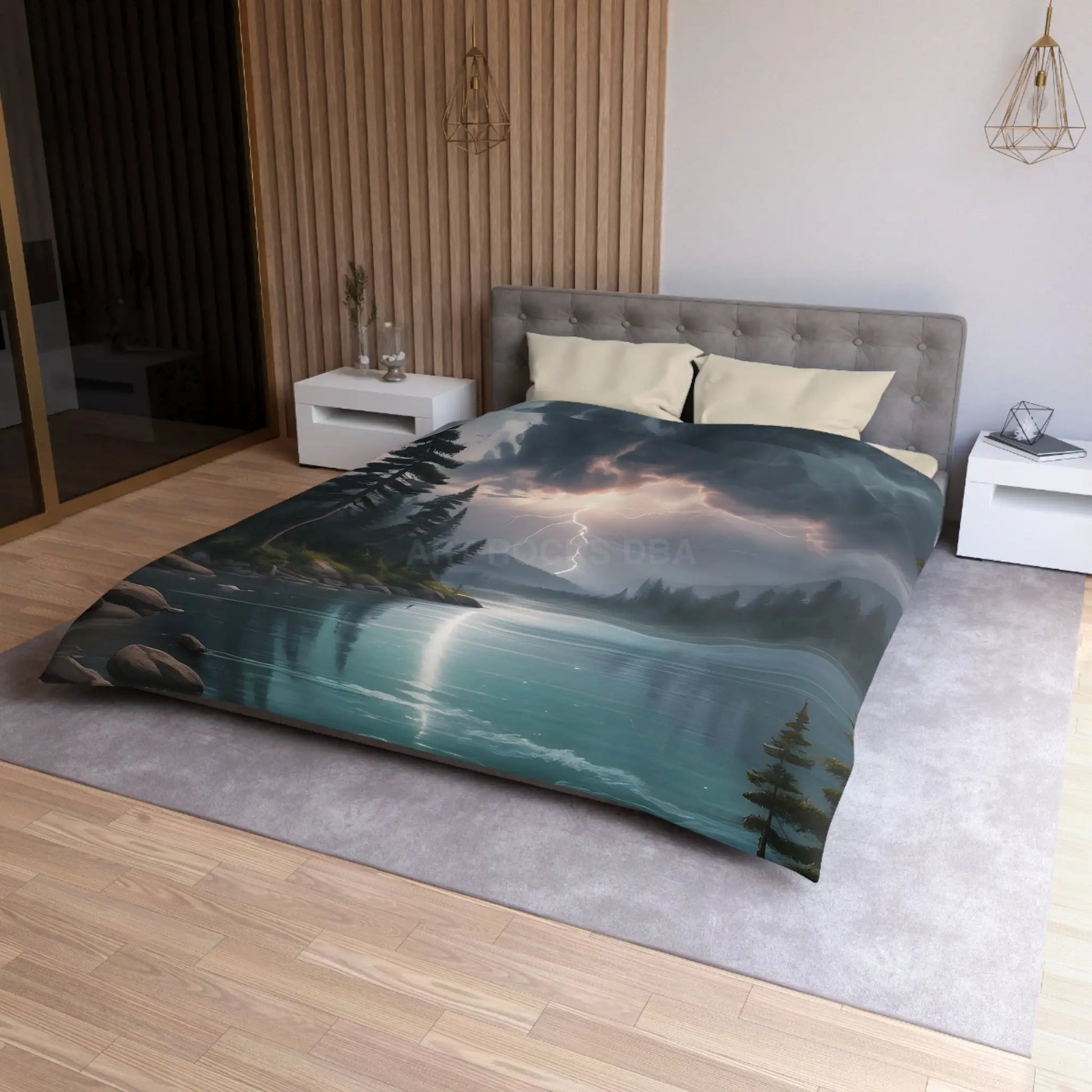 Lightning Storm Over the Lake Microfiber Duvet Cover Cozy Bedroom Decor Stormy Landscape Bedding Comforter Alternative