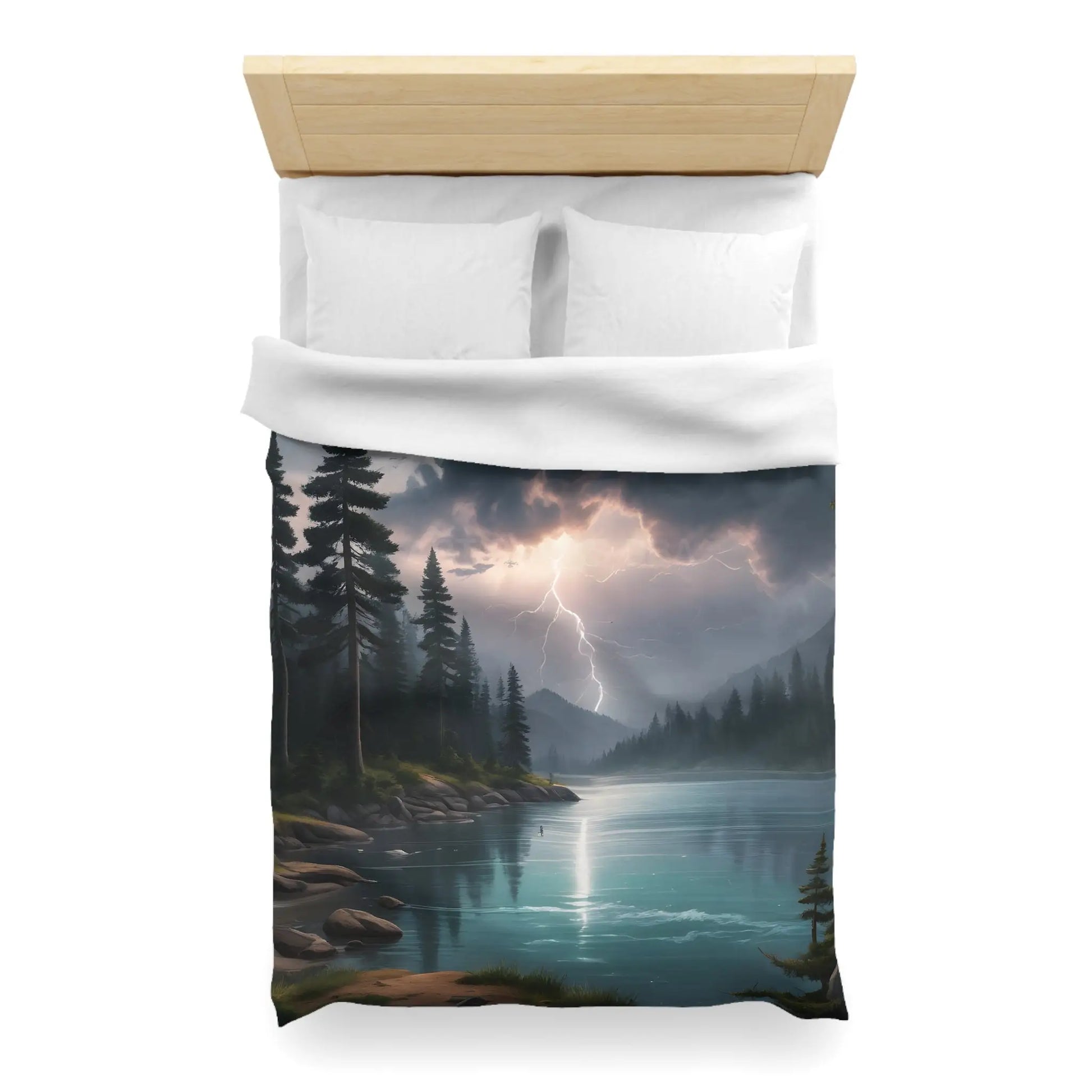 Lightning Storm Over the Lake Microfiber Duvet Cover Cozy Bedroom Decor Stormy Landscape Bedding Comforter Alternative