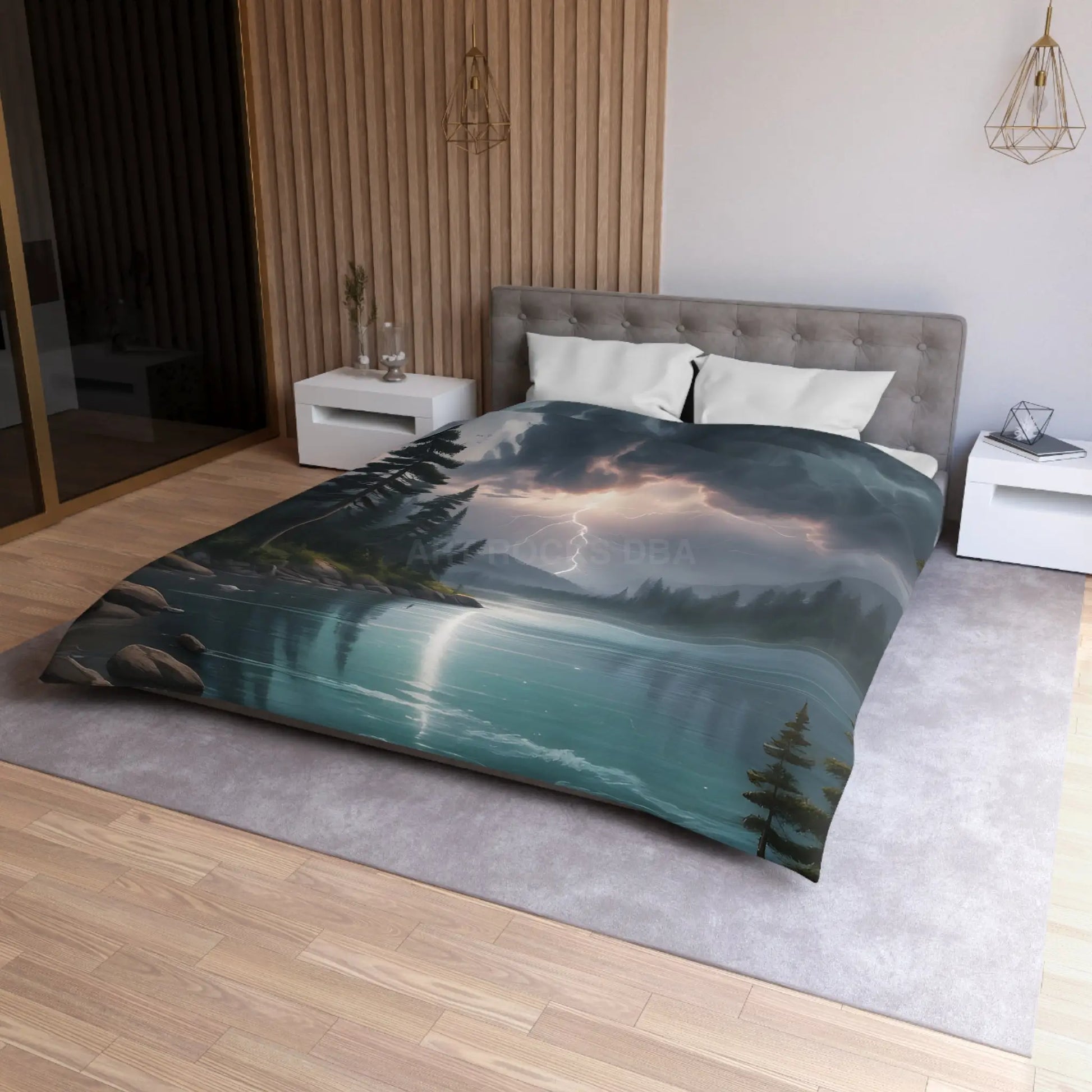 Lightning Storm Over the Lake Microfiber Duvet Cover Cozy Bedroom Decor Stormy Landscape Bedding Comforter Alternative
