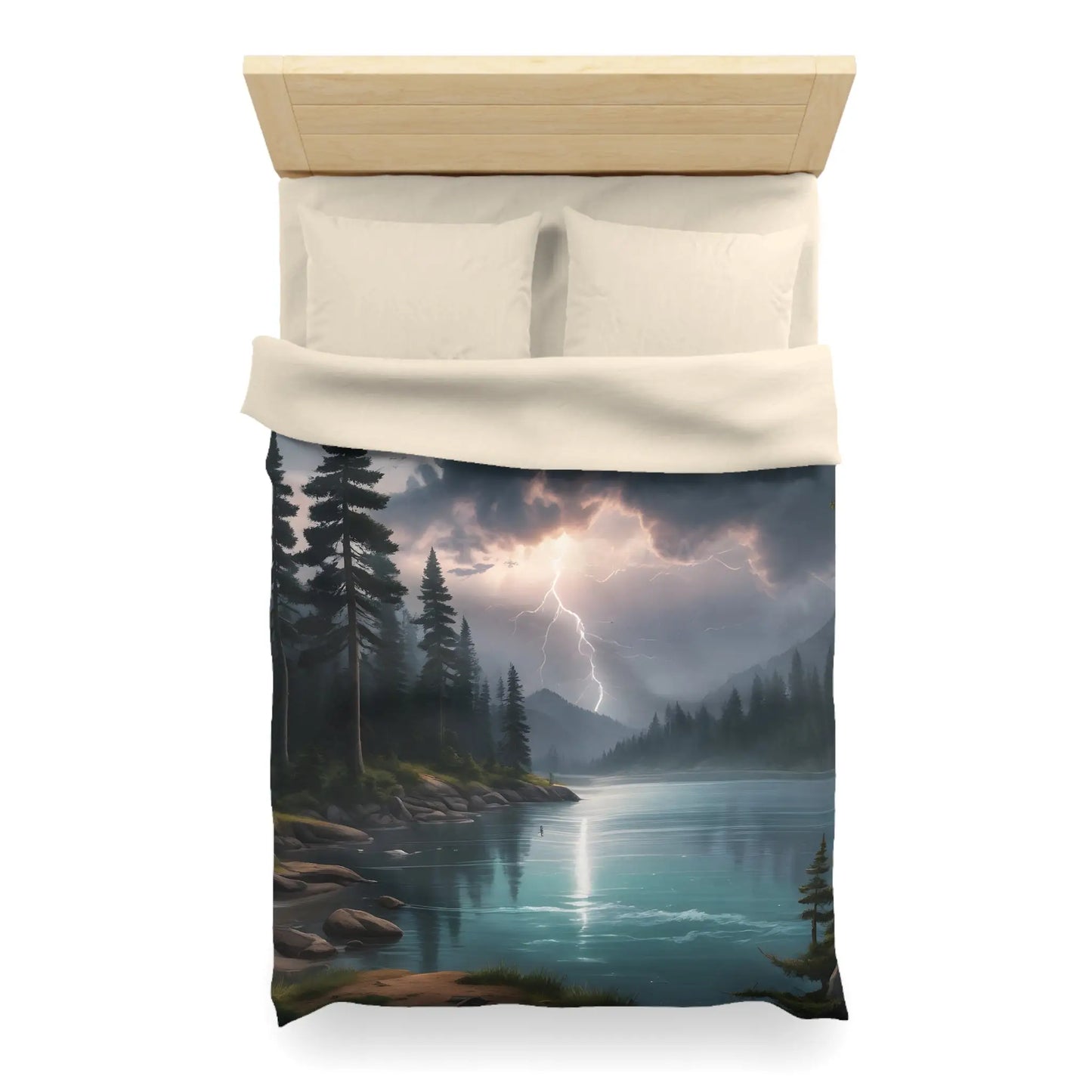 Lightning Storm Over the Lake Microfiber Duvet Cover Cozy Bedroom Decor Stormy Landscape Bedding Comforter Alternative