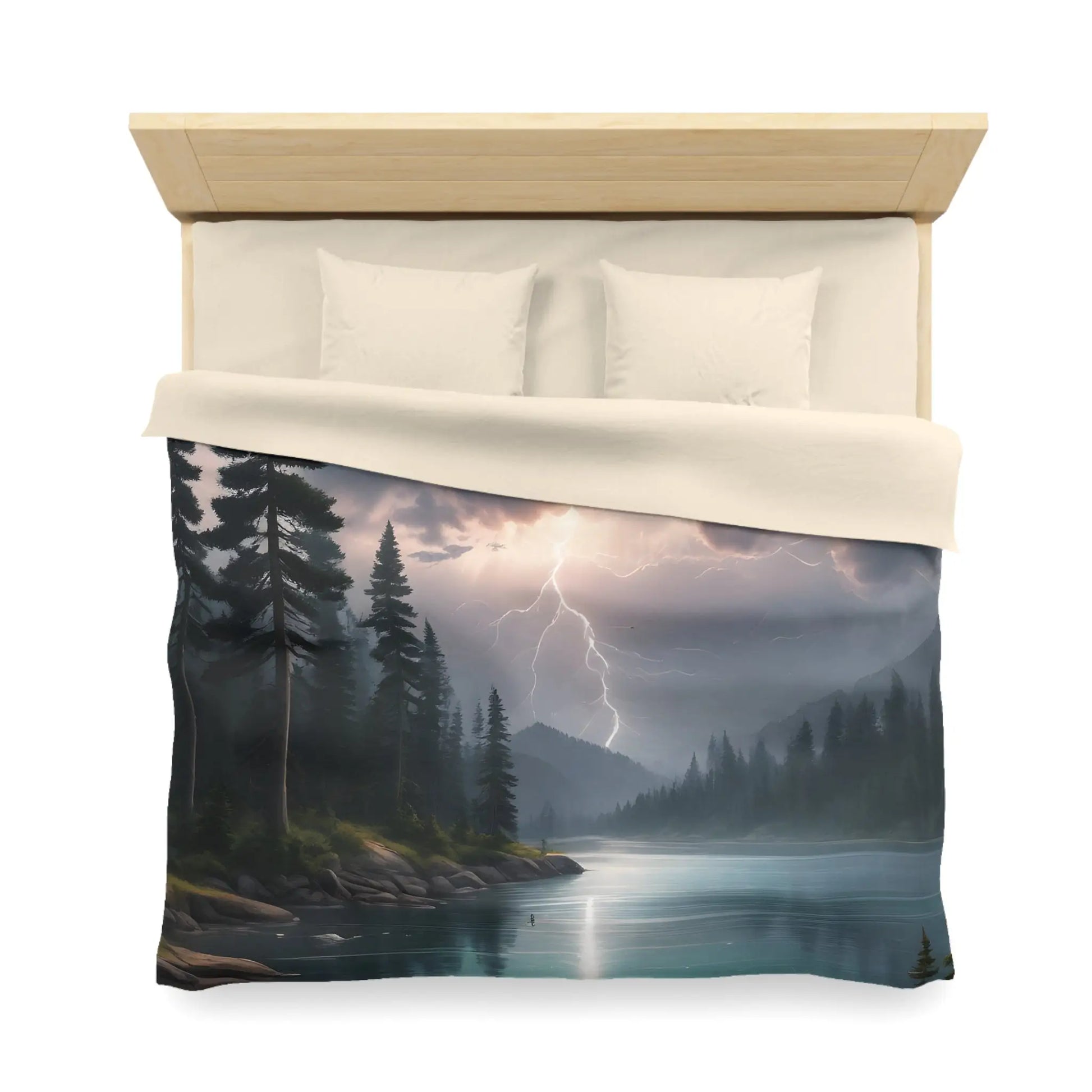 Lightning Storm Over the Lake Microfiber Duvet Cover Cozy Bedroom Decor Stormy Landscape Bedding Comforter Alternative