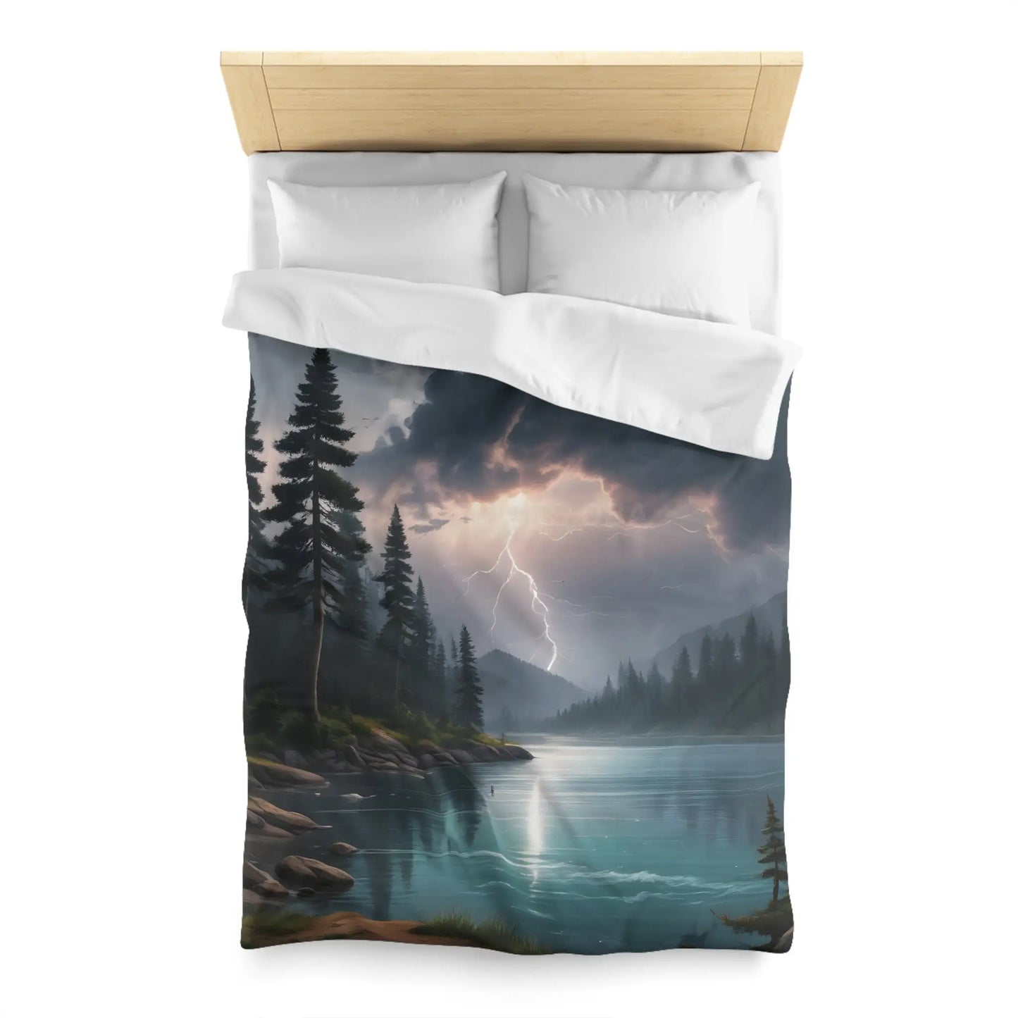 Lightning Storm Over the Lake Microfiber Duvet Cover Cozy Bedroom Decor Stormy Landscape Bedding Comforter Alternative