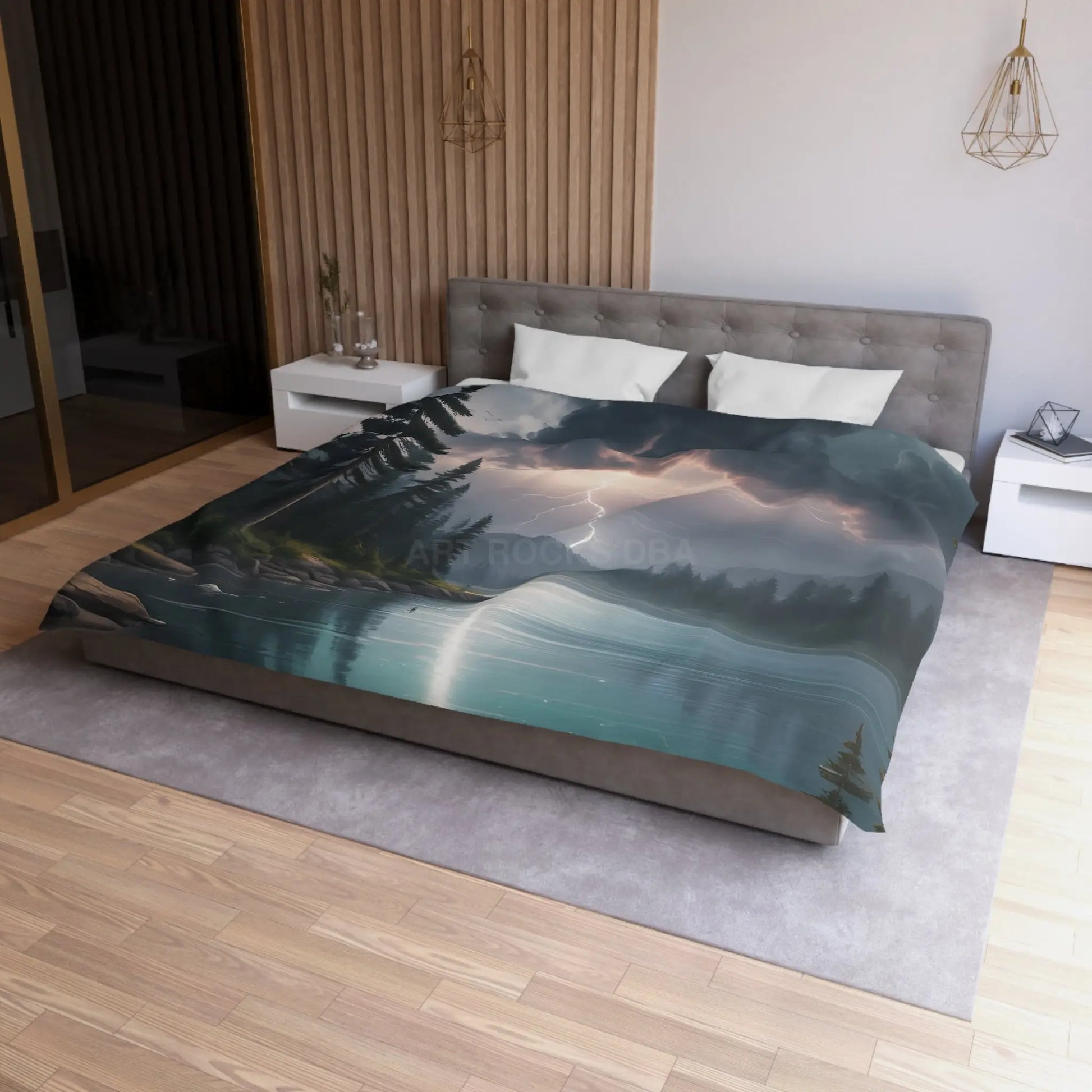 Lightning Storm Over the Lake Microfiber Duvet Cover Cozy Bedroom Decor Stormy Landscape Bedding Comforter Alternative