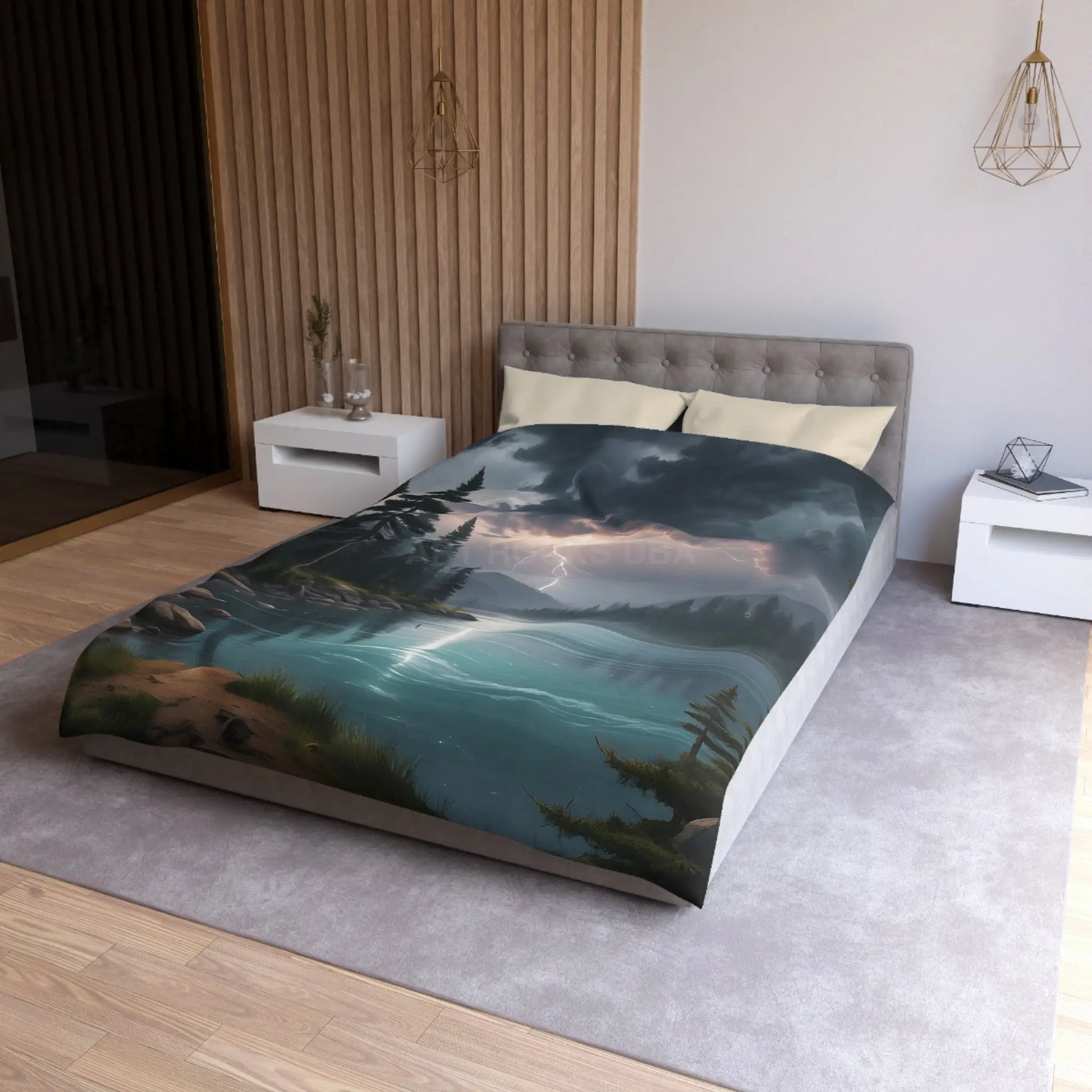 Lightning Storm Over the Lake Microfiber Duvet Cover Cozy Bedroom Decor Stormy Landscape Bedding Comforter Alternative