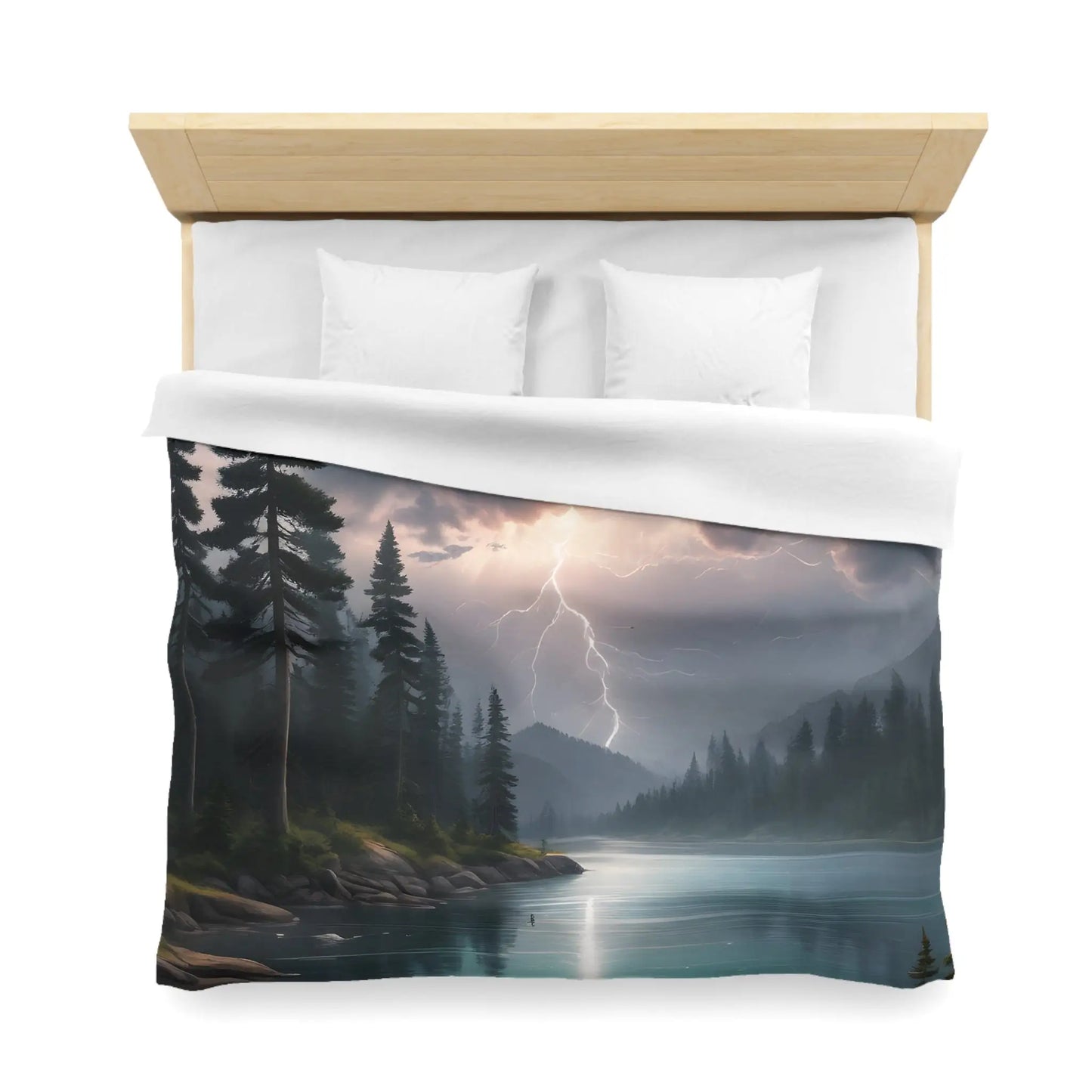 Lightning Storm Over the Lake Microfiber Duvet Cover Cozy Bedroom Decor Stormy Landscape Bedding Comforter Alternative