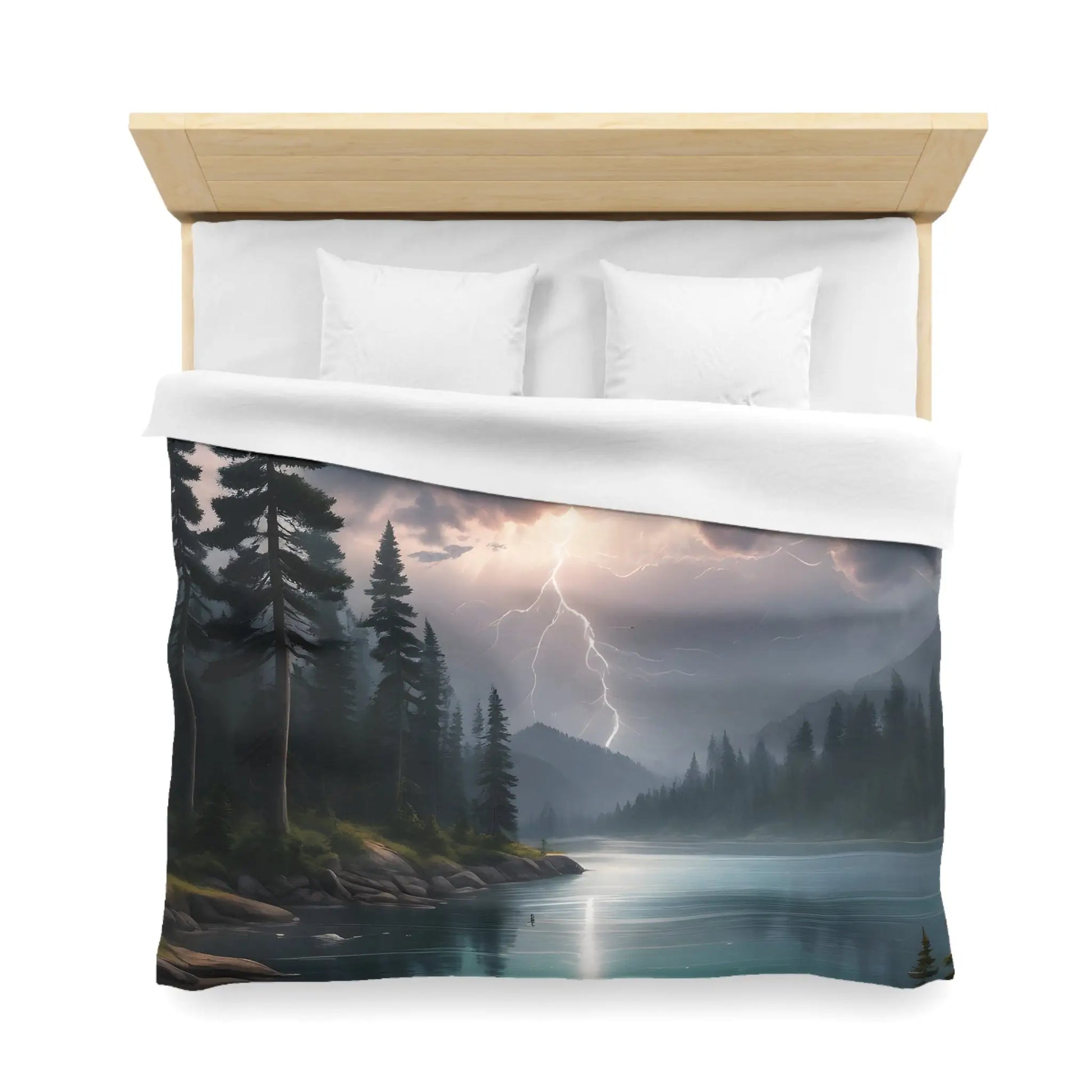 Lightning Storm Over the Lake Microfiber Duvet Cover Cozy Bedroom Decor Stormy Landscape Bedding Comforter Alternative