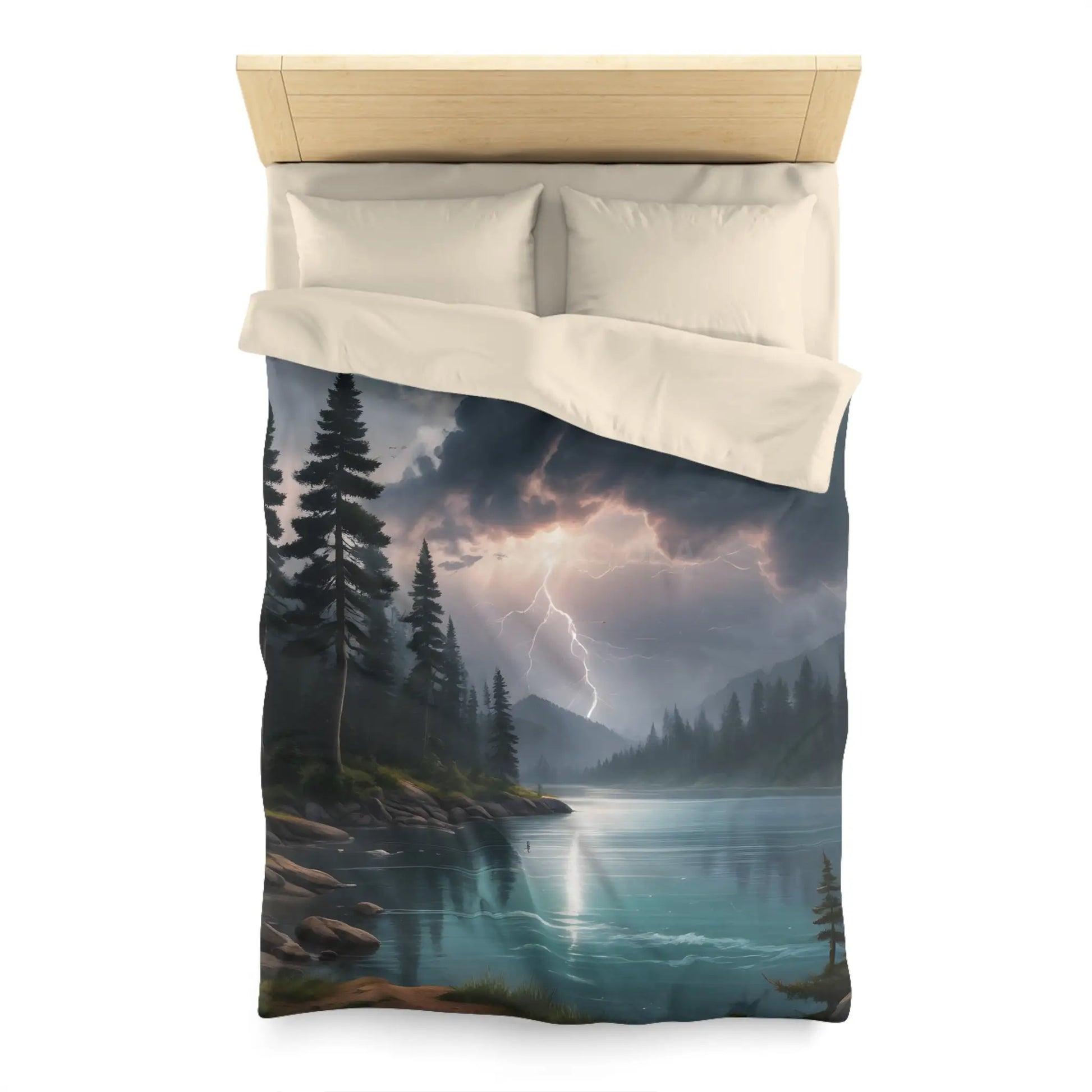 Lightning Storm Over the Lake Microfiber Duvet Cover Cozy Bedroom Decor Stormy Landscape Bedding Comforter Alternative
