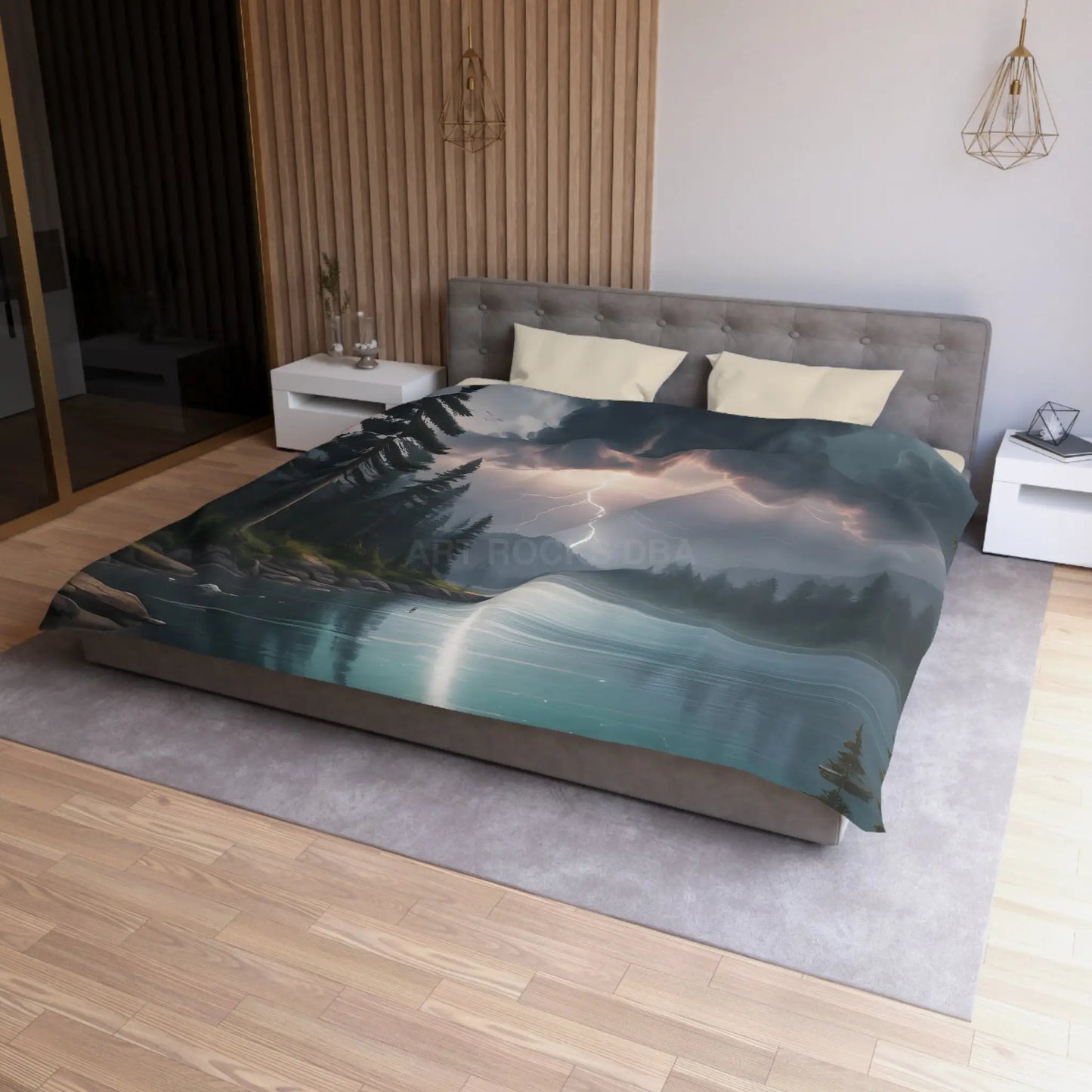 Lightning Storm Over the Lake Microfiber Duvet Cover Cozy Bedroom Decor Stormy Landscape Bedding Comforter Alternative