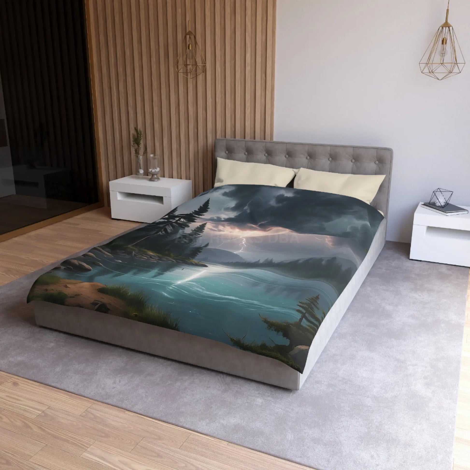 Lightning Storm Over the Lake Microfiber Duvet Cover Cozy Bedroom Decor Stormy Landscape Bedding Comforter Alternative