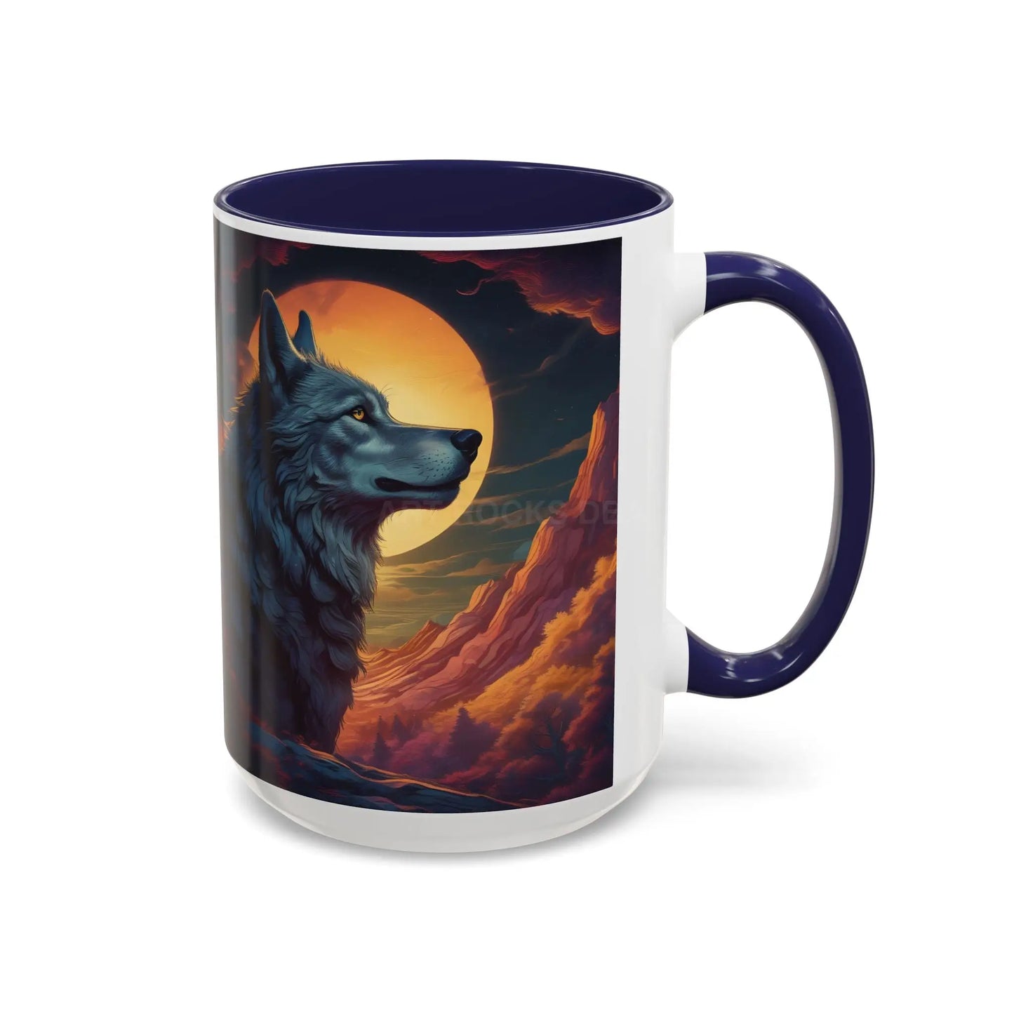Majestic Wolf – Retro Neon Graphic Accent Mug (11/15oz) - 15oz / Navy - Mug