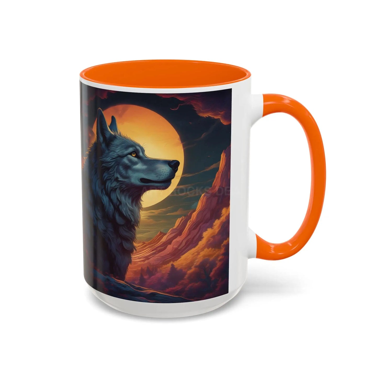 Majestic Wolf – Retro Neon Graphic Accent Mug (11/15oz) - 15oz / Orange - Mug