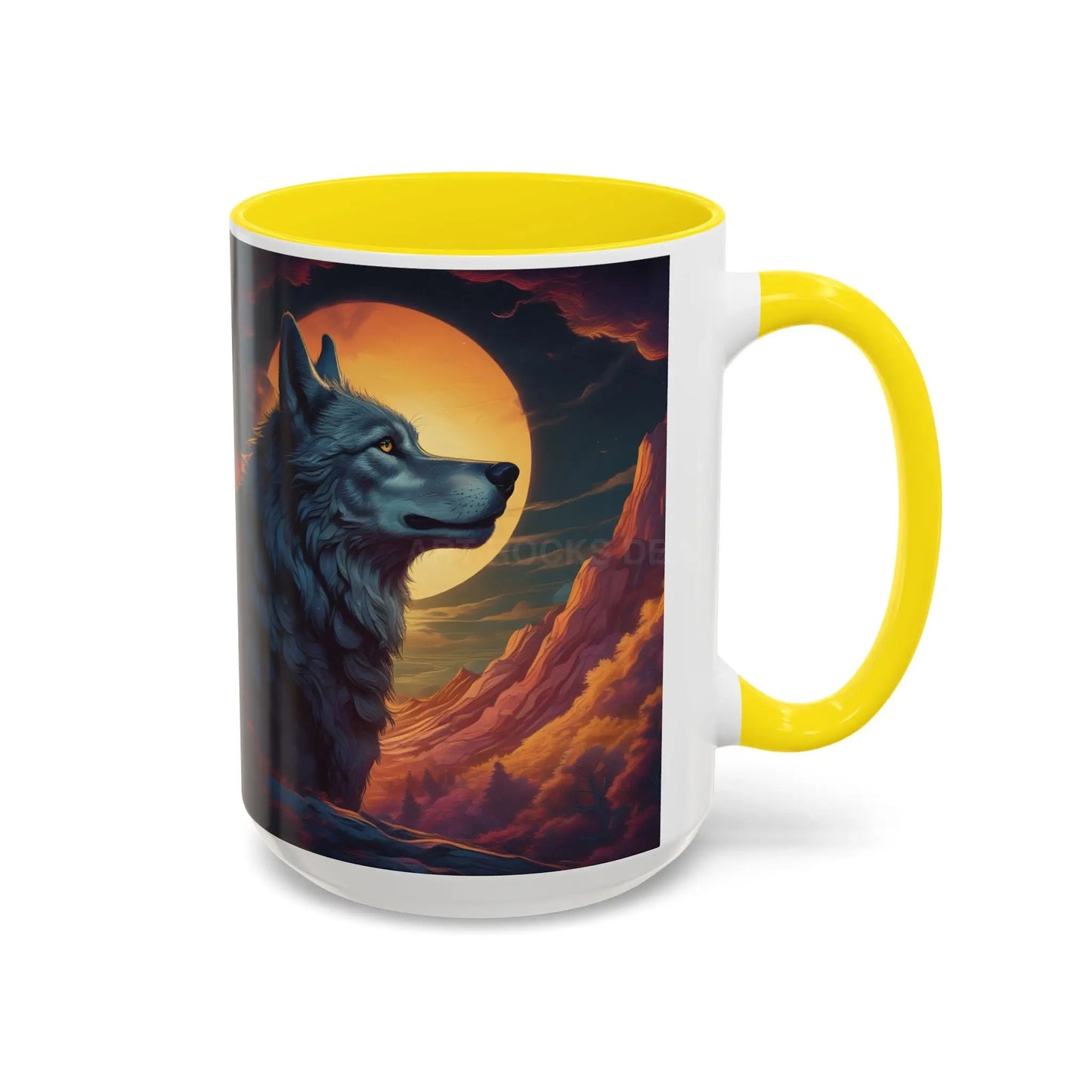 Majestic Wolf – Retro Neon Graphic Accent Mug (11/15oz) - 15oz / Yellow - Mug