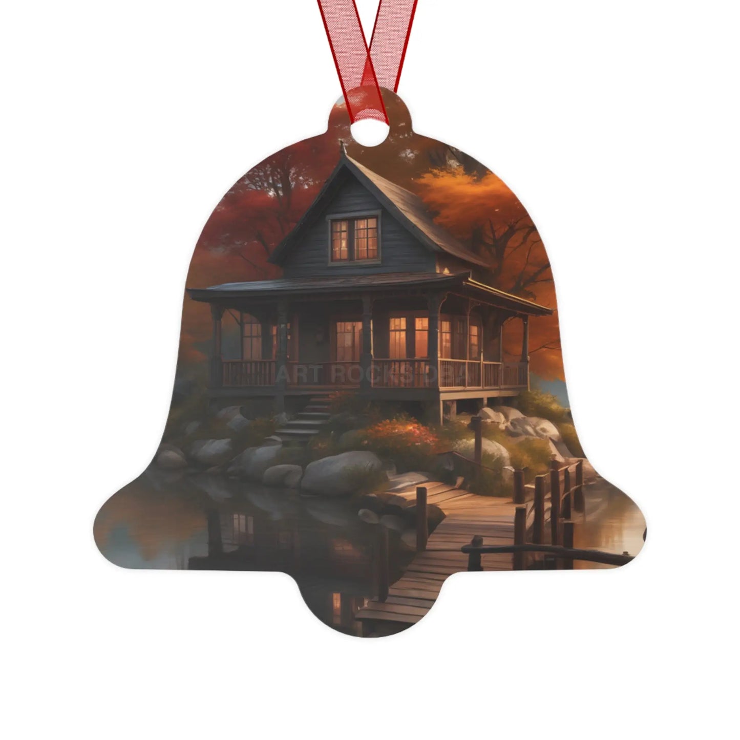 Metal Ornament — Autumn Lakeside Cabin Holiday Decoration - Bell / One Size - Home Decor