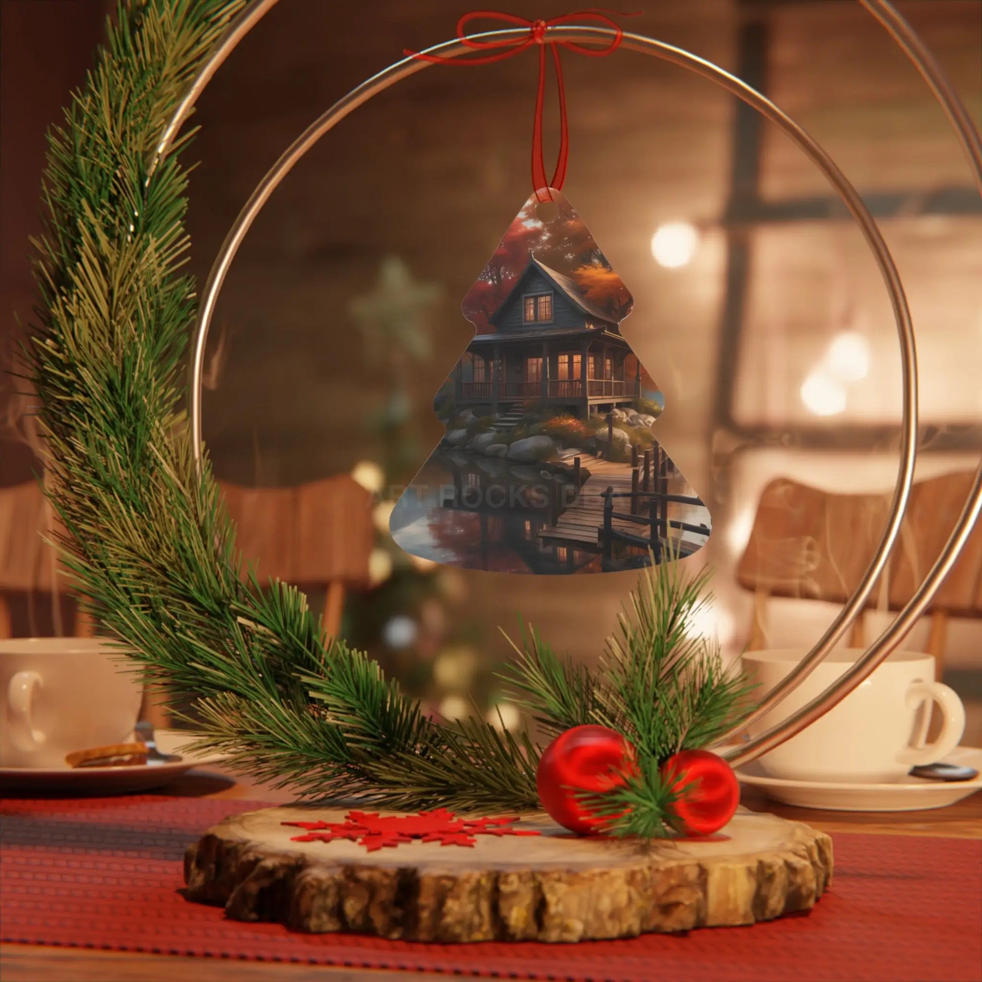 Metal Ornament — Autumn Lakeside Cabin Holiday Decoration - Home Decor