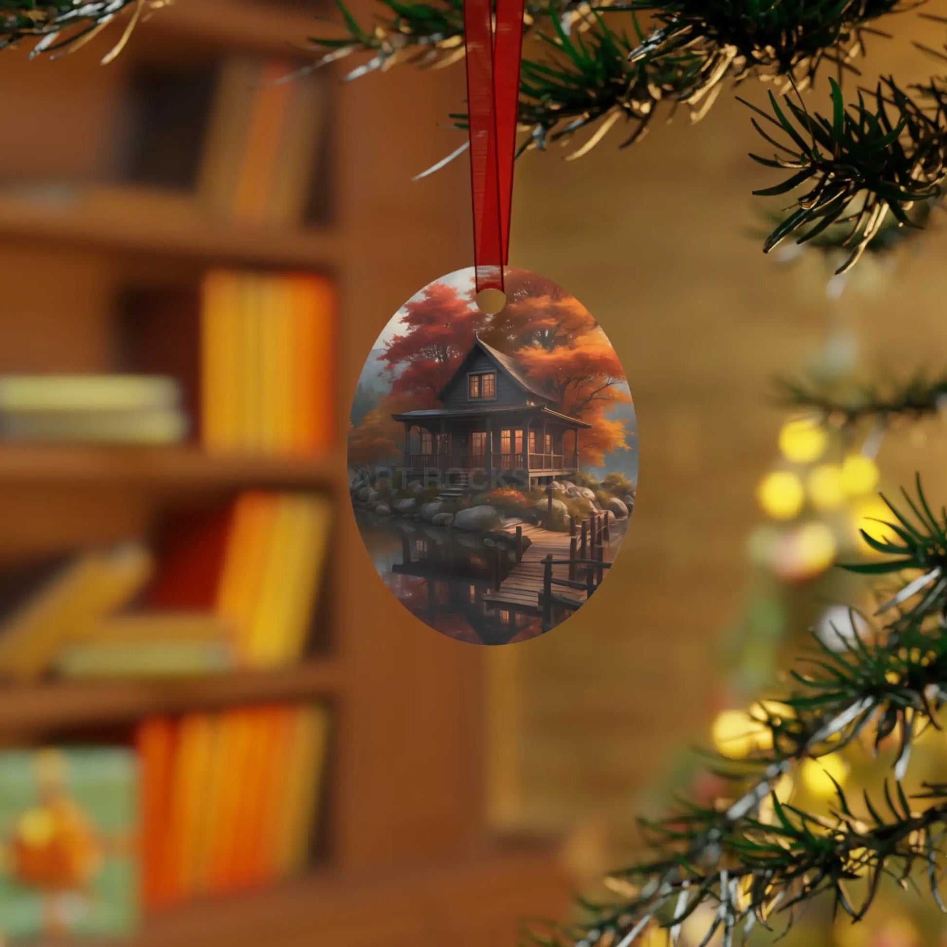 Metal Ornament — Autumn Lakeside Cabin Holiday Decoration - Home Decor