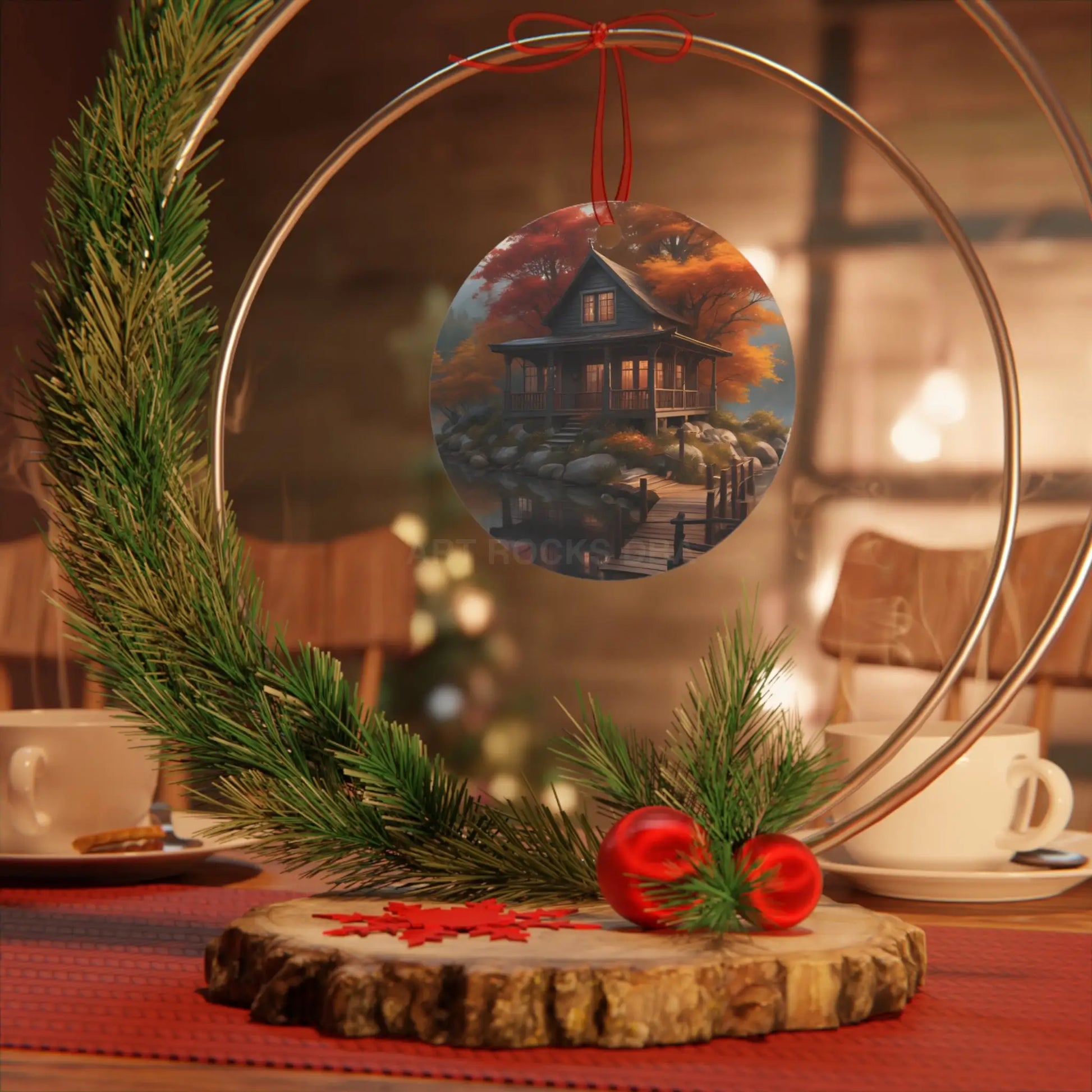 Metal Ornament — Autumn Lakeside Cabin Holiday Decoration - Home Decor