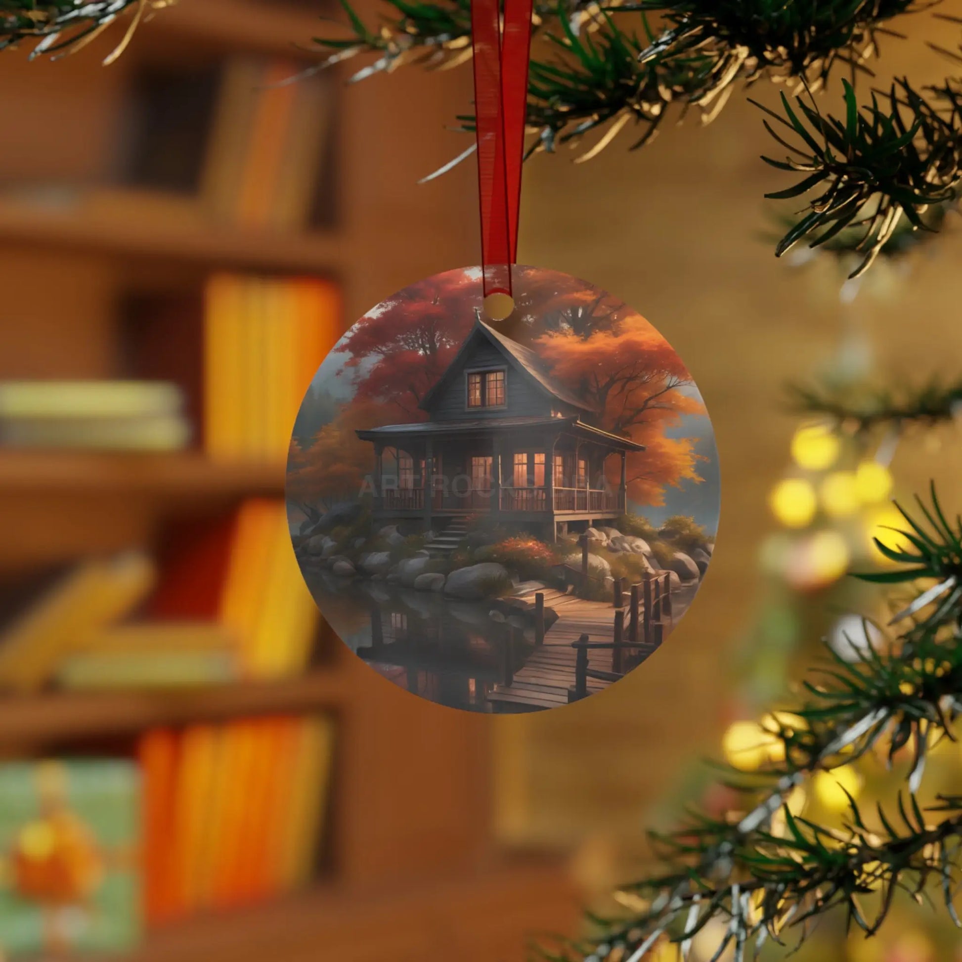 Metal Ornament — Autumn Lakeside Cabin Holiday Decoration - Home Decor