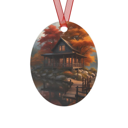 Metal Ornament — Autumn Lakeside Cabin Holiday Decoration - Oval / One Size - Home Decor