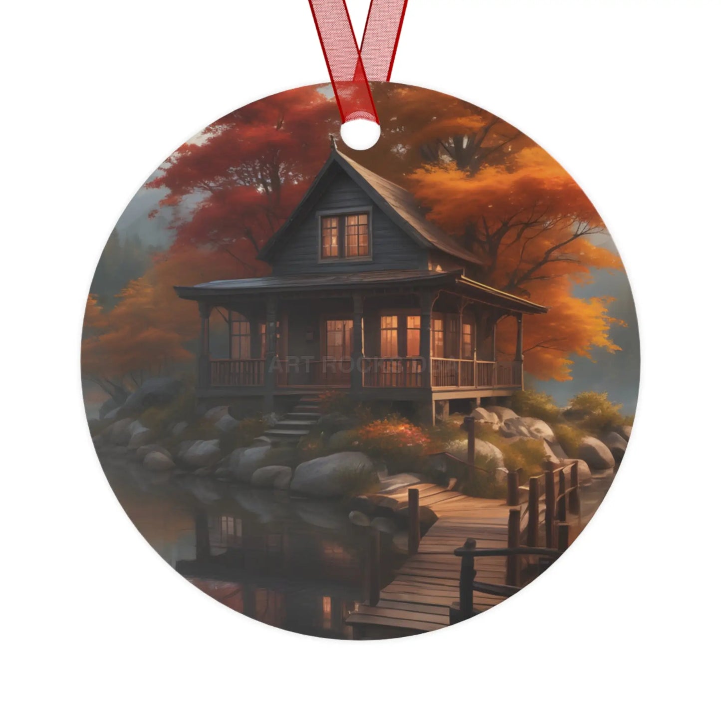 Metal Ornament — Autumn Lakeside Cabin Holiday Decoration - Round / One Size - Home Decor